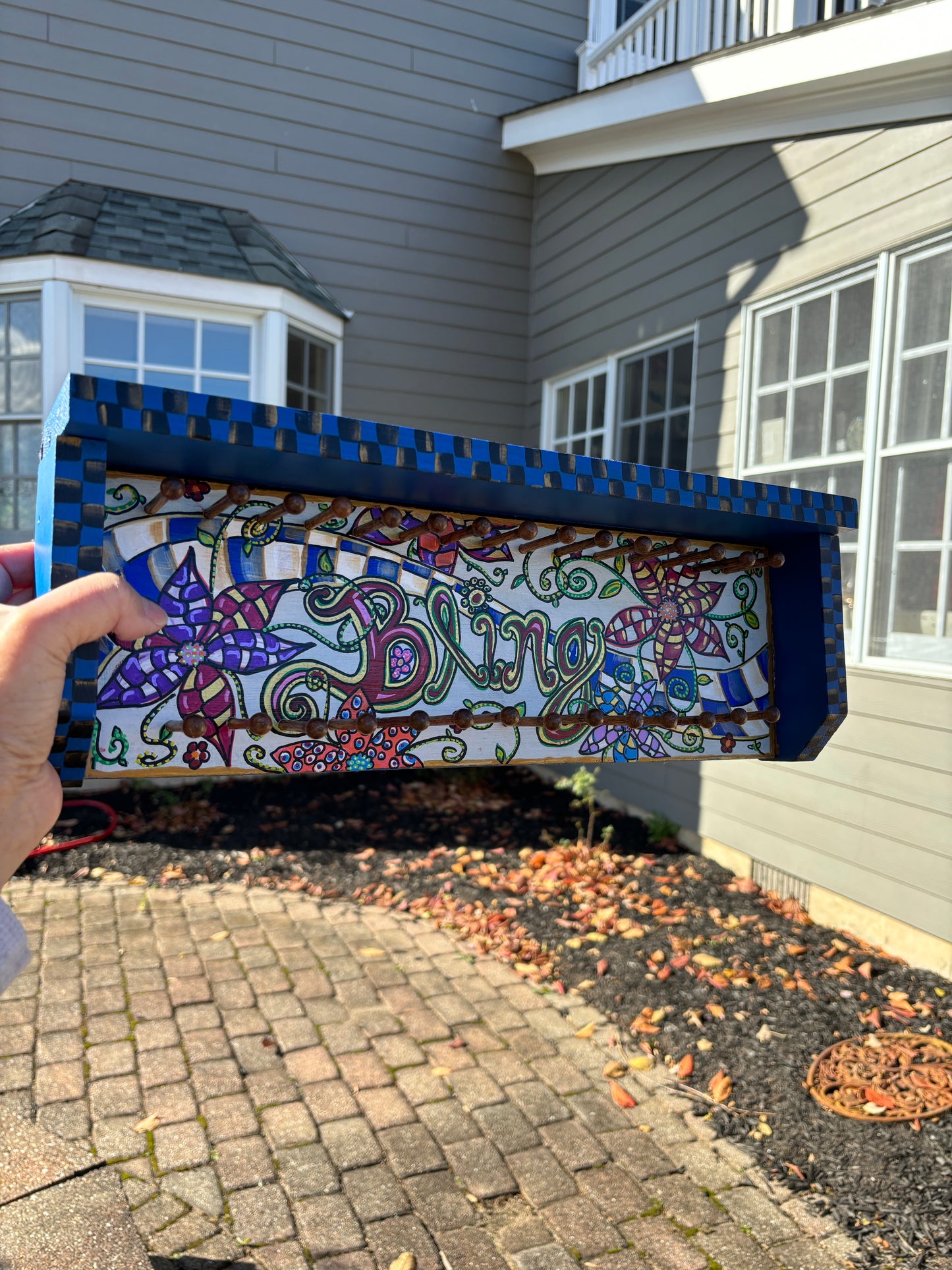 Jewelry Hanger, Hand Painted, Bohemian, Blue and Multi Color BLING Sign