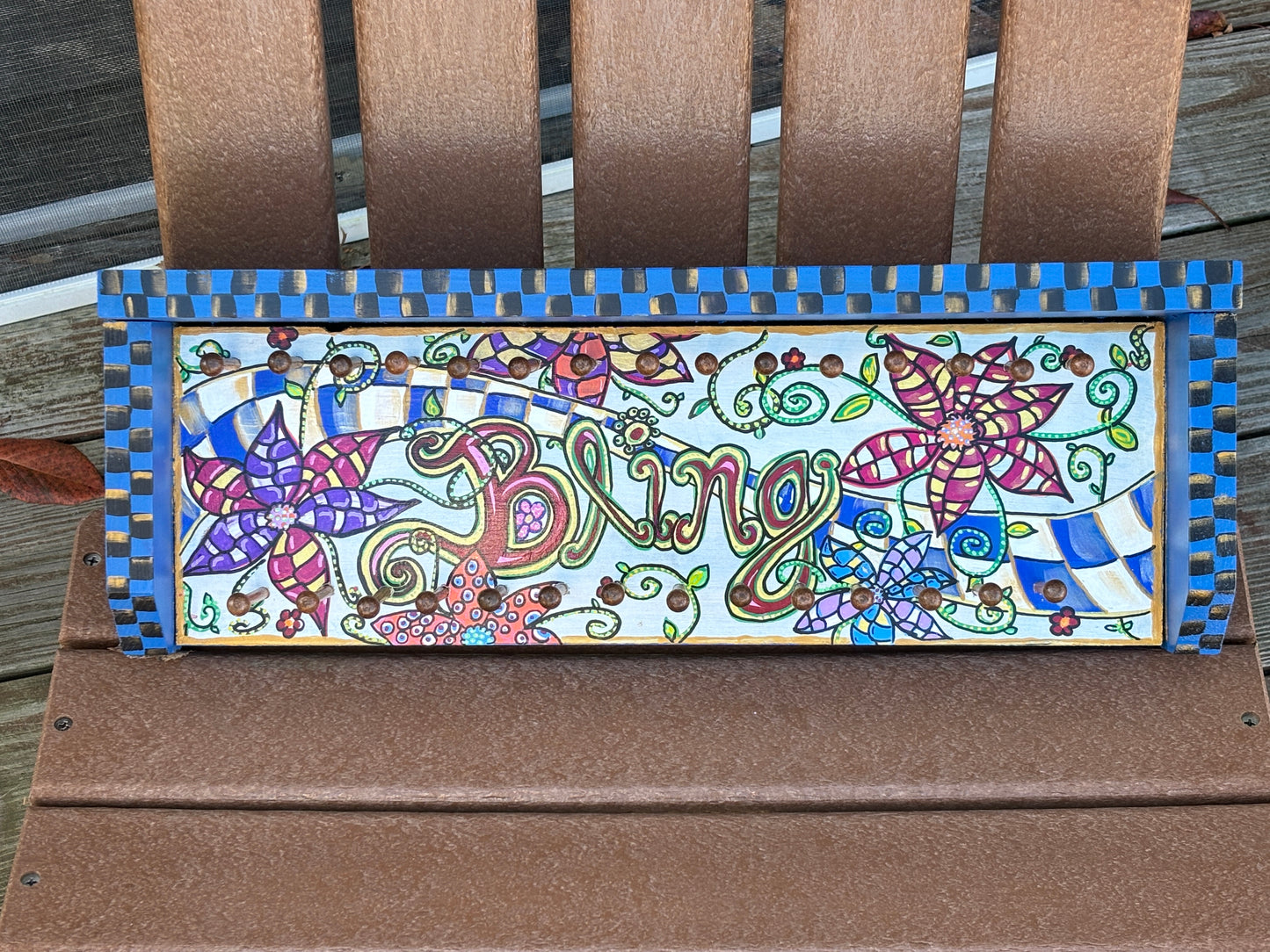 Jewelry Hanger, Hand Painted, Bohemian, Blue and Multi Color BLING Sign