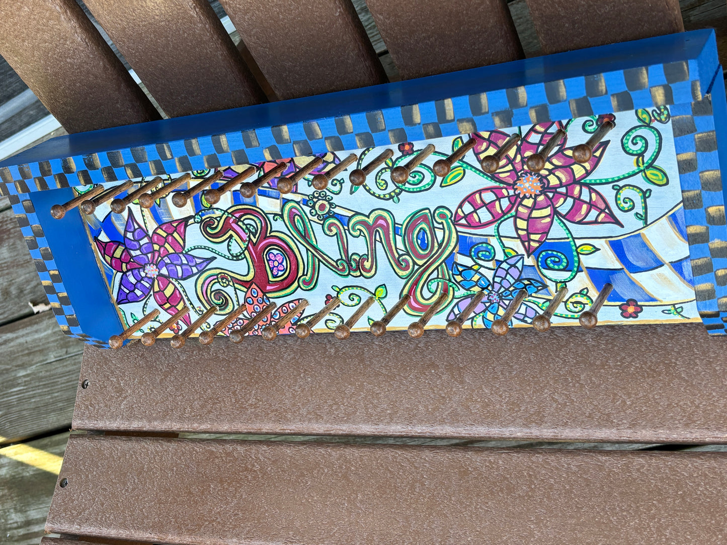 Up-cyled Sign to Jewelry Hanger, Hand Painted, Bohemian, Blue and Multi Color BLING Signage