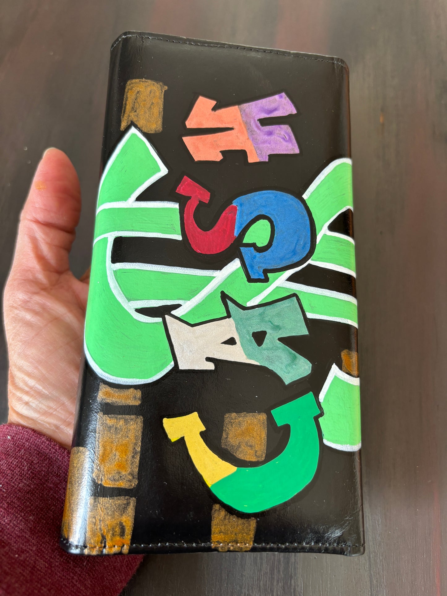 Wallet, Ladies, Black and Graffiti, Hand Painted, Leather Wallet