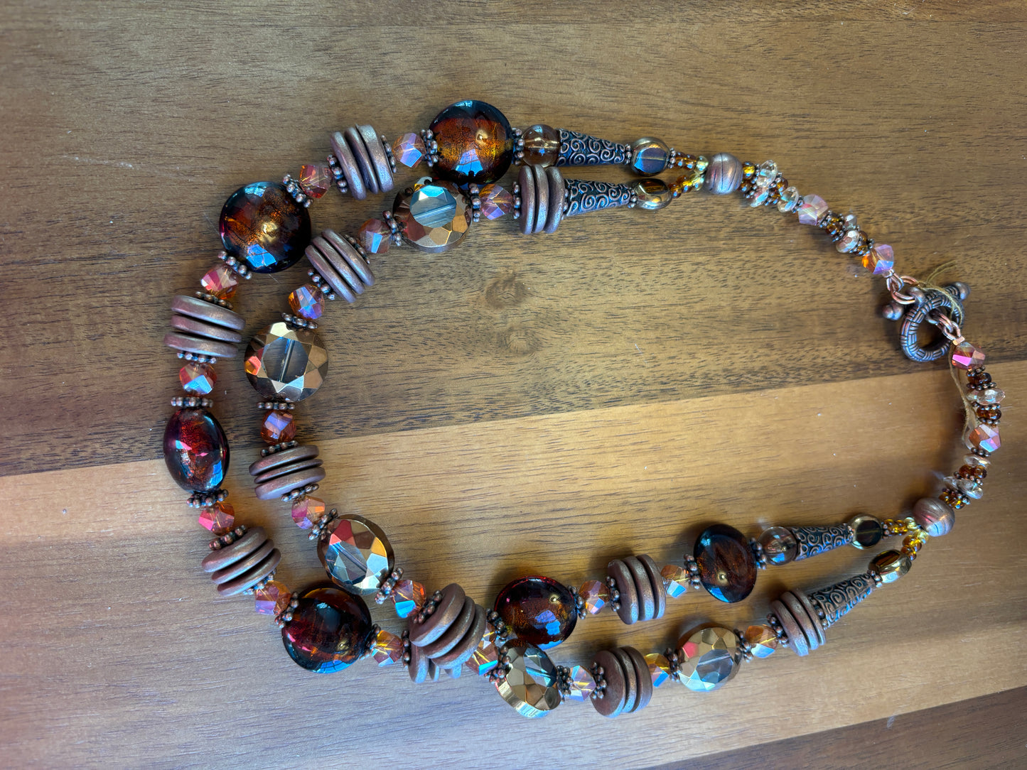 Fire and Ice Double Strand Layered Bib Necklace 19", Amber Glass, Copper and Wood, SALE!