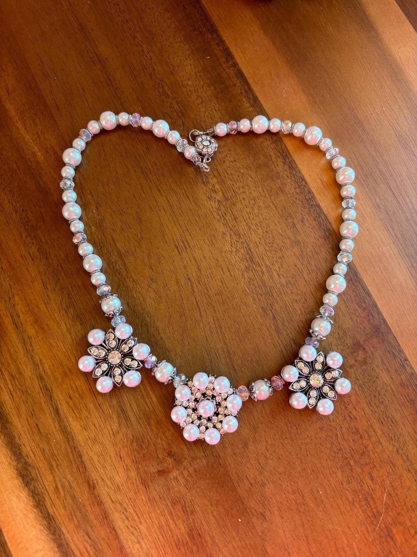 Floral White Pearl and Crystal Necklace 3 Pendant Flowers, SALE!
