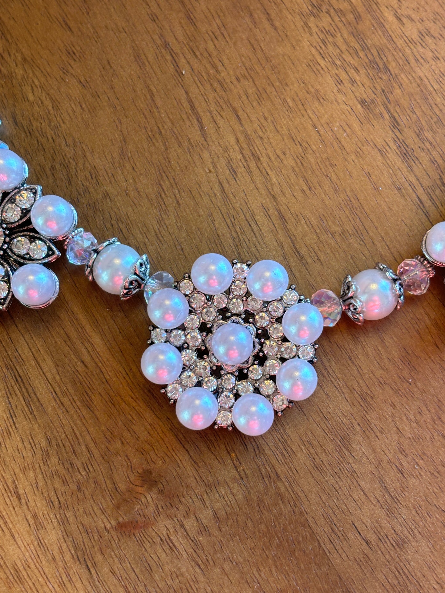 Floral White Pearl and Crystal Necklace 3 Pendant Flowers, SALE!