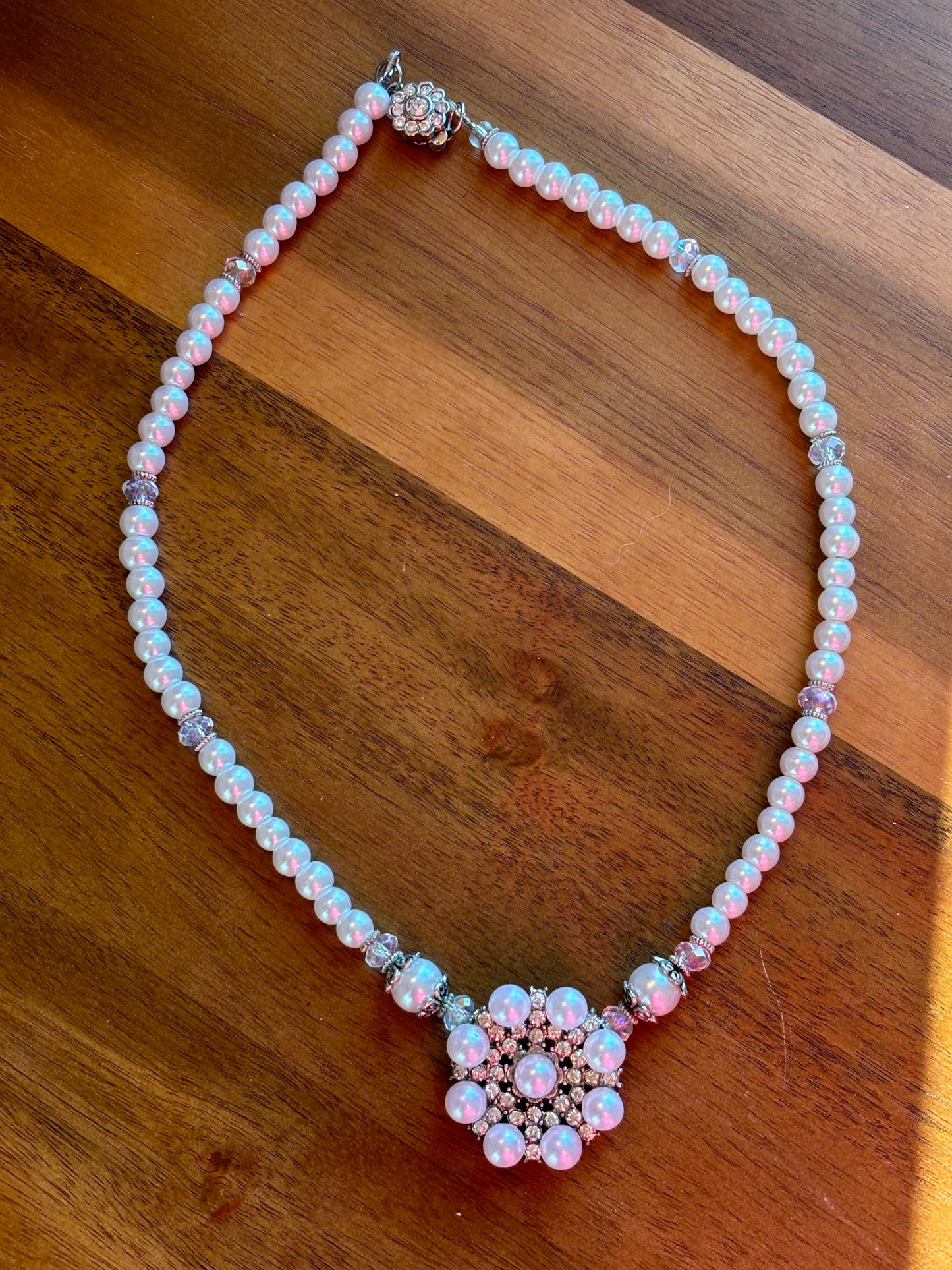 Floral White Pearl and Crystal Necklace, SALE