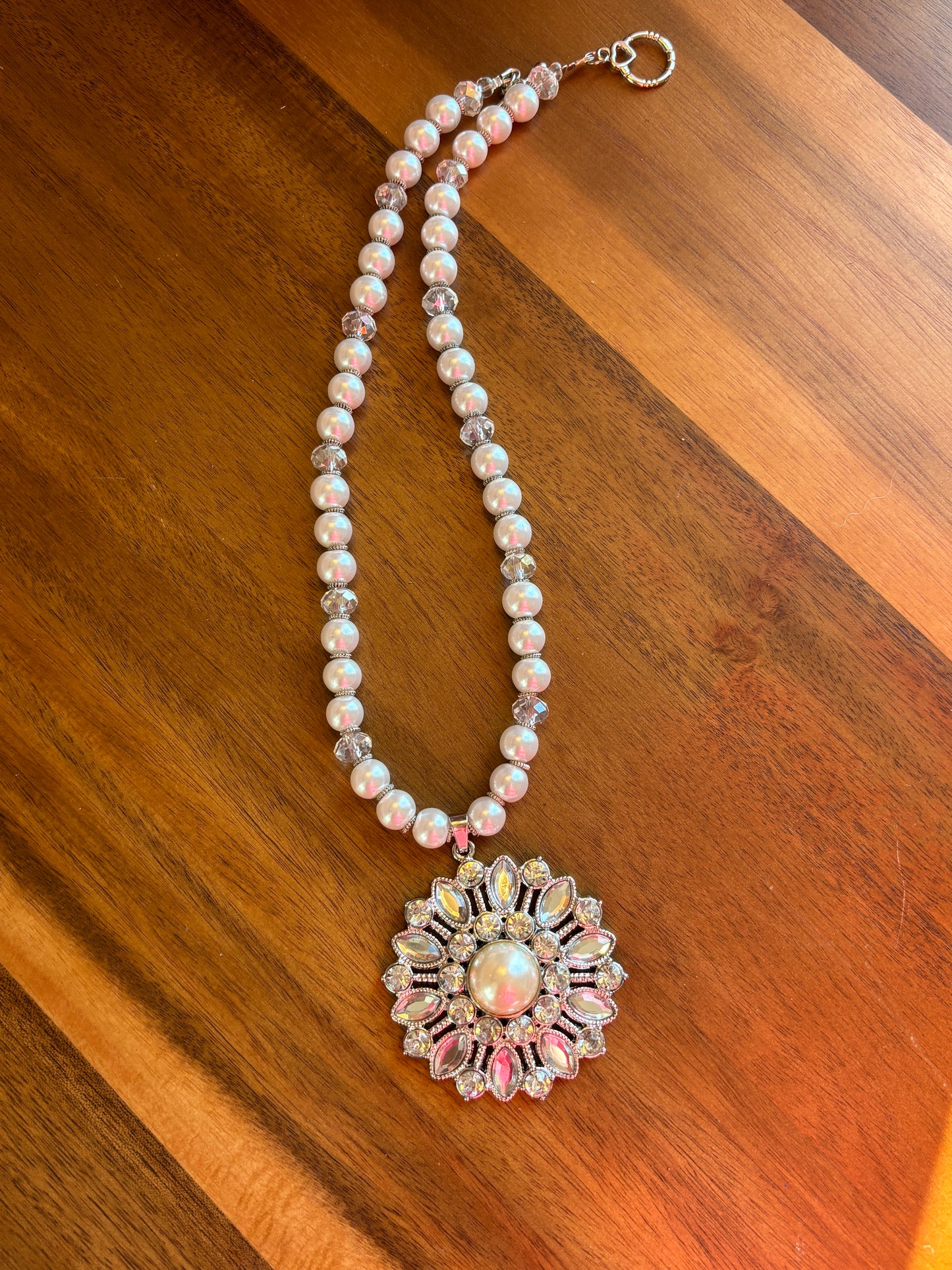 Floral White Pearl and Crystal Necklace 2" Flower Pendant, SALE!