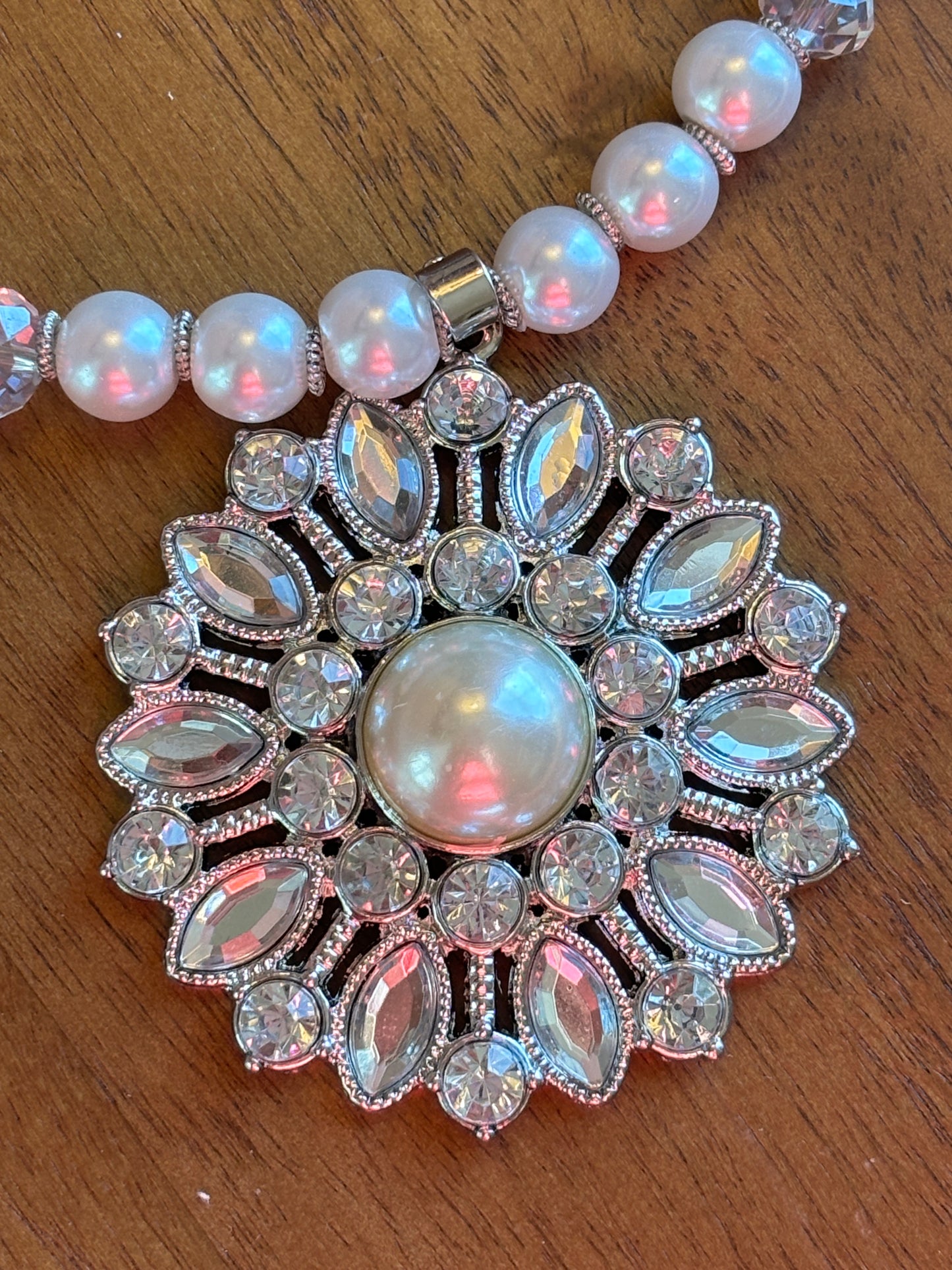 Floral White Pearl and Crystal Necklace 2" Flower Pendant, SALE!