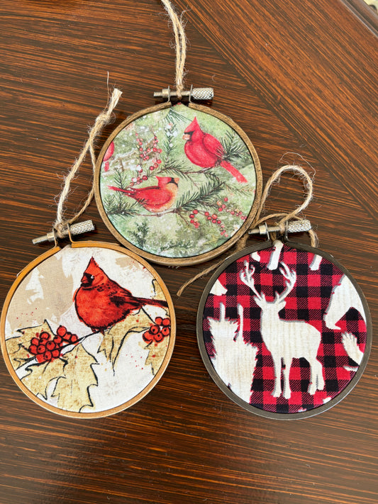 Set of 3 Rustic Fabric and Wood Handmade Christmas Ornaments, Cardinal-Buck/Deer-Cardinals 2