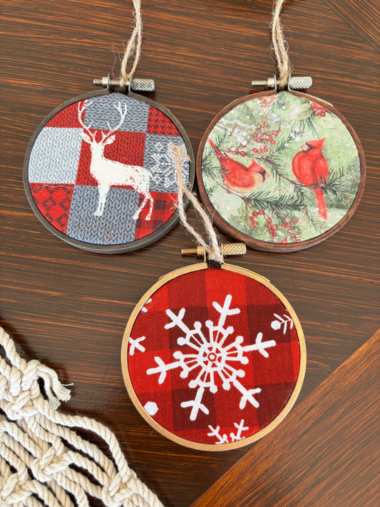 Set of 3 Rustic Fabric and Wood Handmade Christmas Ornaments, Snowflake-Deer-Cardinal