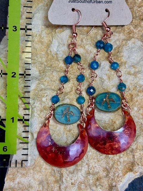 Handmade Fire Polished Hammered Copper Crescent Earrings with Impressed Bird Glass Focal Bead