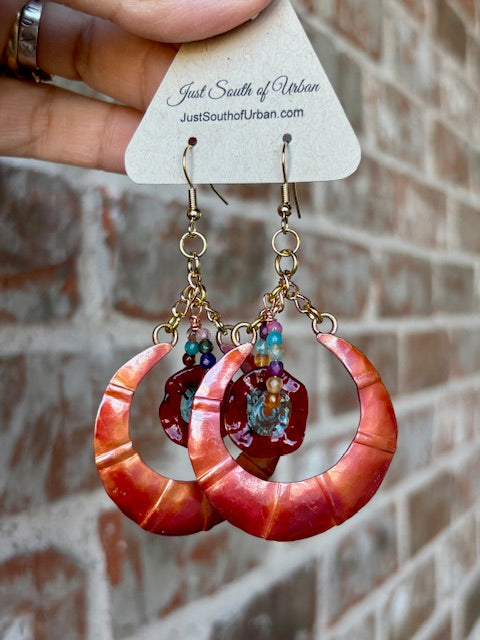 Hand Crafted Copper Earrings with Hand Blown Glass RED Florals and Faceted Gemstones