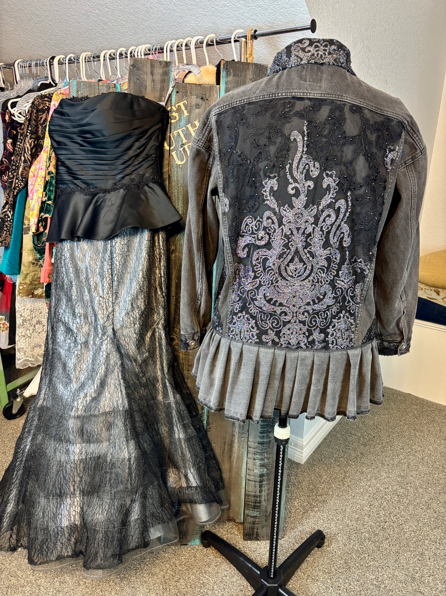 Up-Cycled Denim Jacket, Gray, Black and Silver Lace, Size Large/X-Large