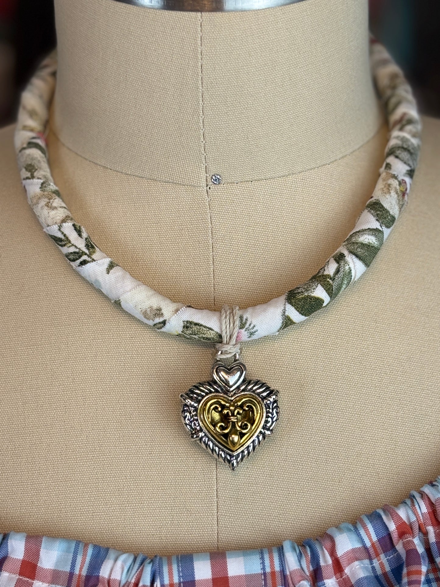 Fabric Rope Necklace with Heart Pendant, 18" Long