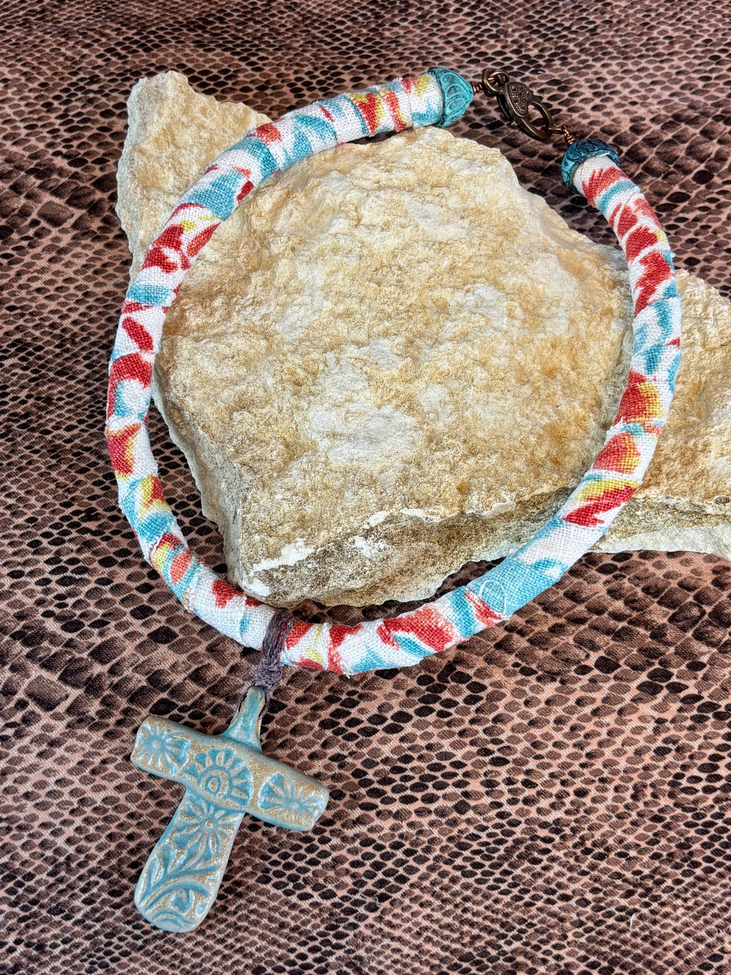 Fabric Rope Necklace with handmade Cross Pendant