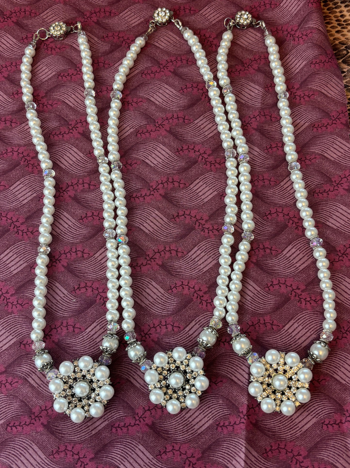 Floral White Pearl and Crystal Necklace and Earring Set
