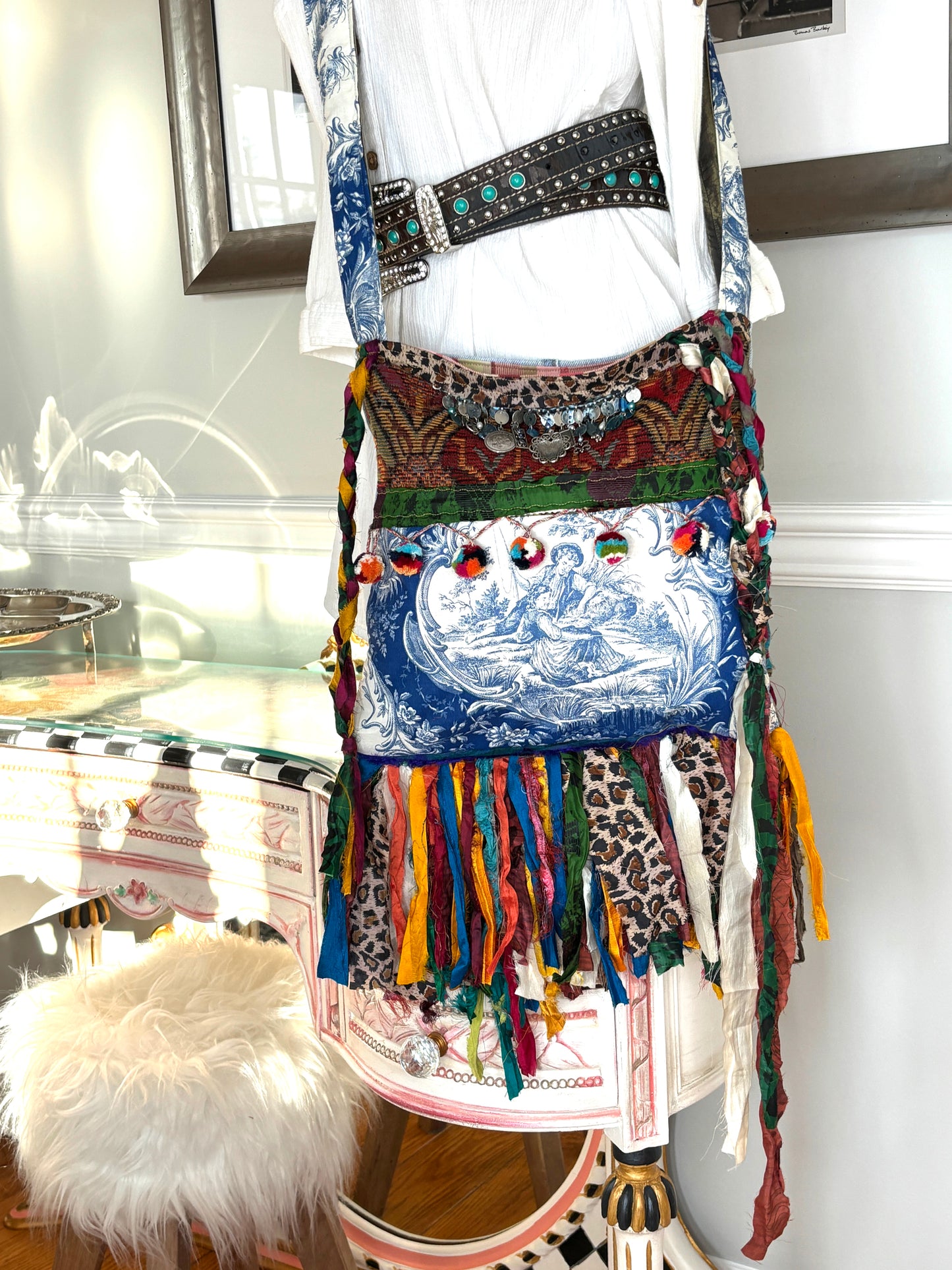 Toile Boho Gypsy Hippie Cross Body Bag, Hand Made, Upcycled Women's Jackets, Tops and Yarn