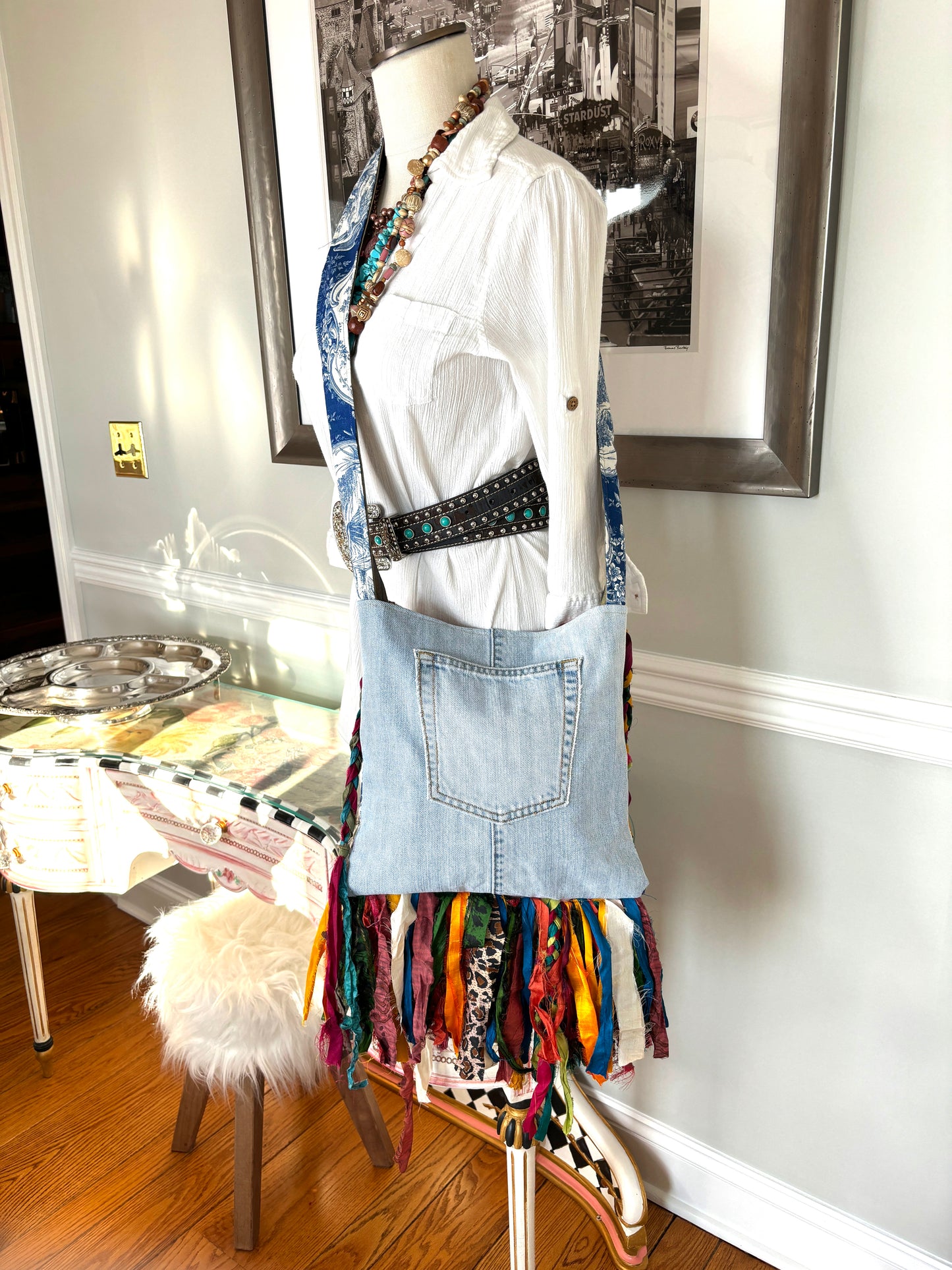 Toile Boho Gypsy Hippie Cross Body Bag, Hand Made, Upcycled Women's Jackets, Tops and Yarn