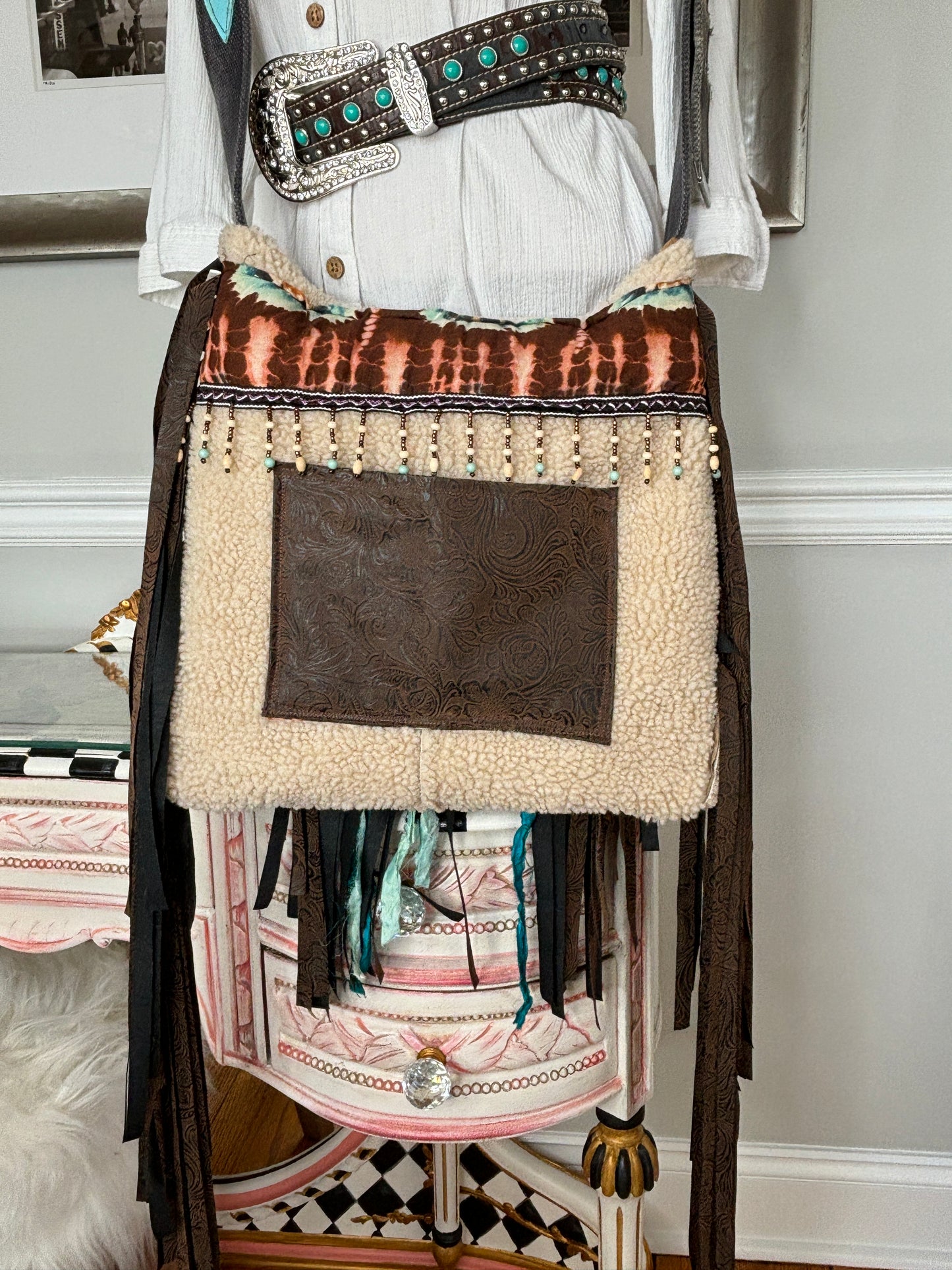 Faux Shearling Boho Hippie Handbag Purse, Handmade Up-cycled Clothing