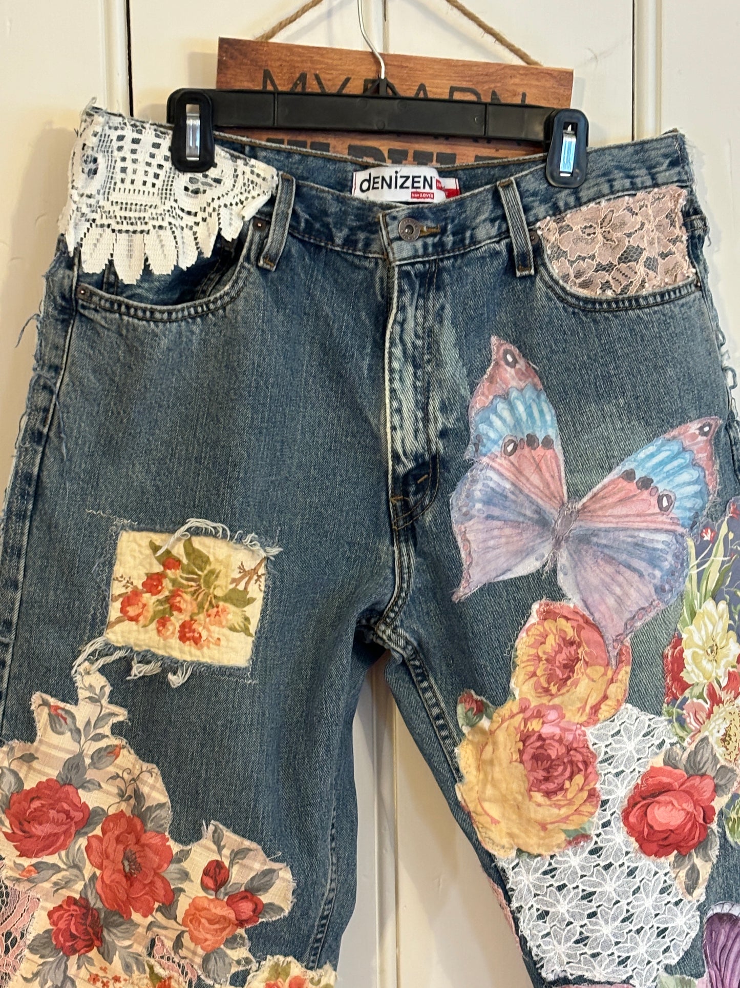 Up-Cycled, Levis Denizen Brand Art Jeans, Altered Boyfriend, Distressed, Floral, Butterflies, Lace, Applique, Appliques Size, 37 x 32