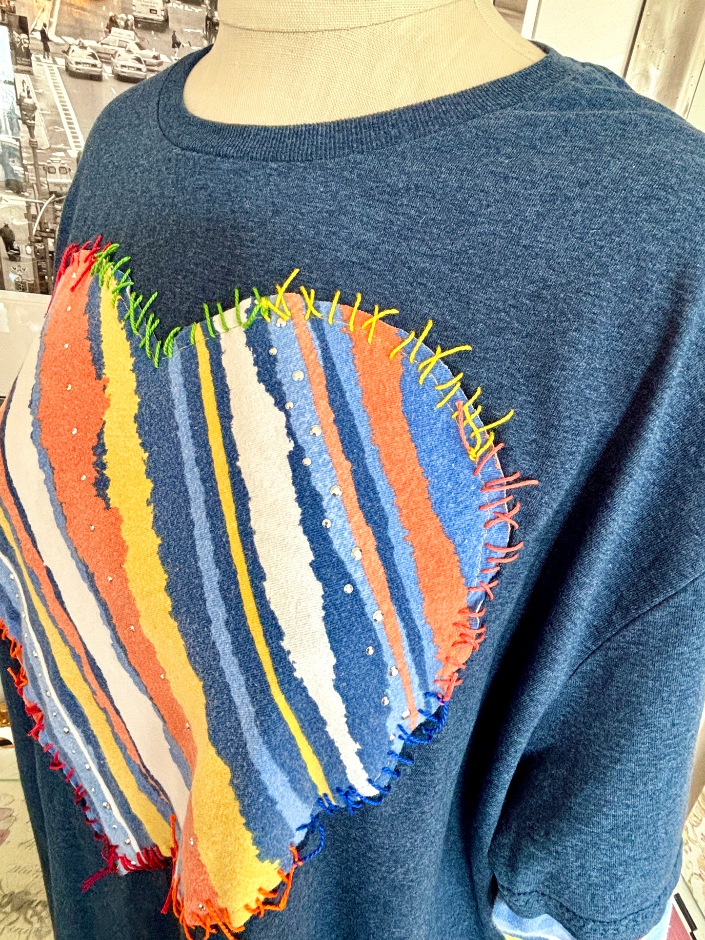 Up-cycled, LOVE, TShirt, Boho, Heart, Emroidered, Clothing, Hippie, Trendy, Hand made, 70s, Cozy, ReStyled, BLUE 2XL, Recycled