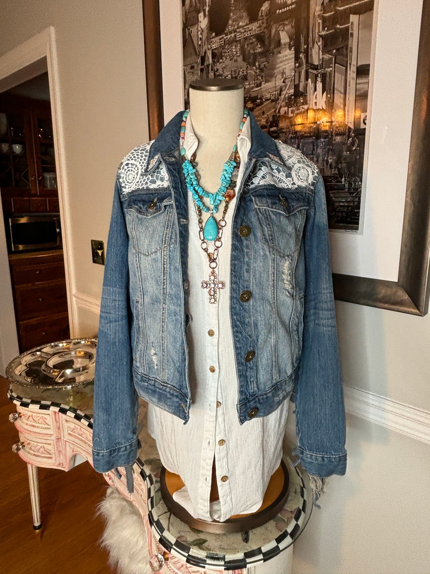 Hey Cowgirl, Up-Cycled Jean Jacket, Western, Lace, Blue Jeans and Bling, Size M/L