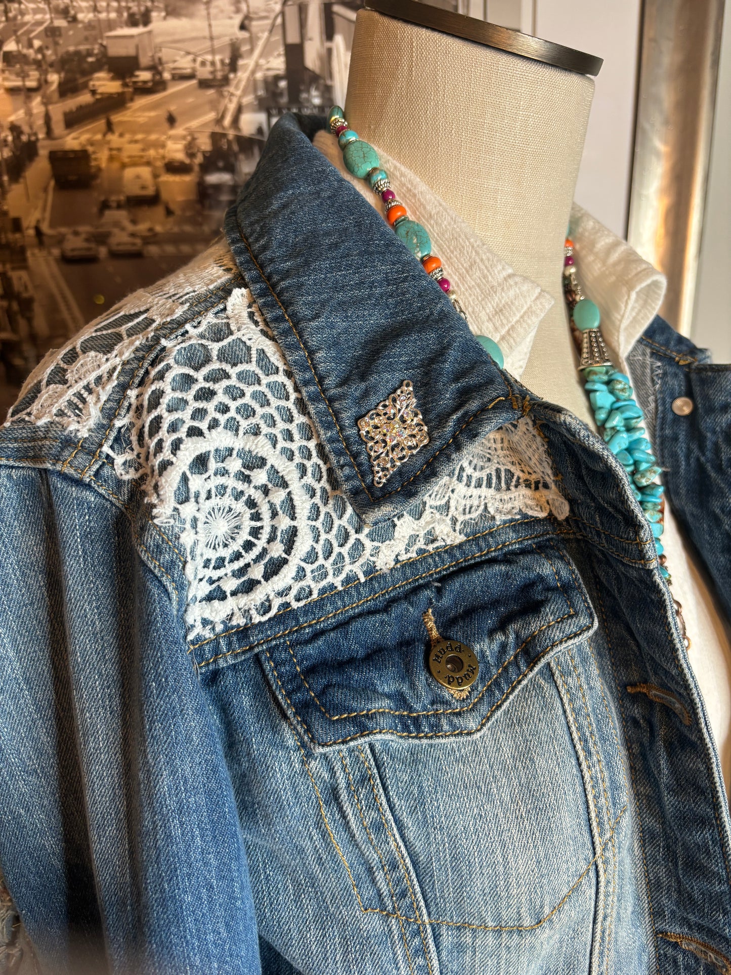 Hey Cowgirl, Up-Cycled Jean Jacket, Western, Lace, Blue Jeans and Bling, Size M/L