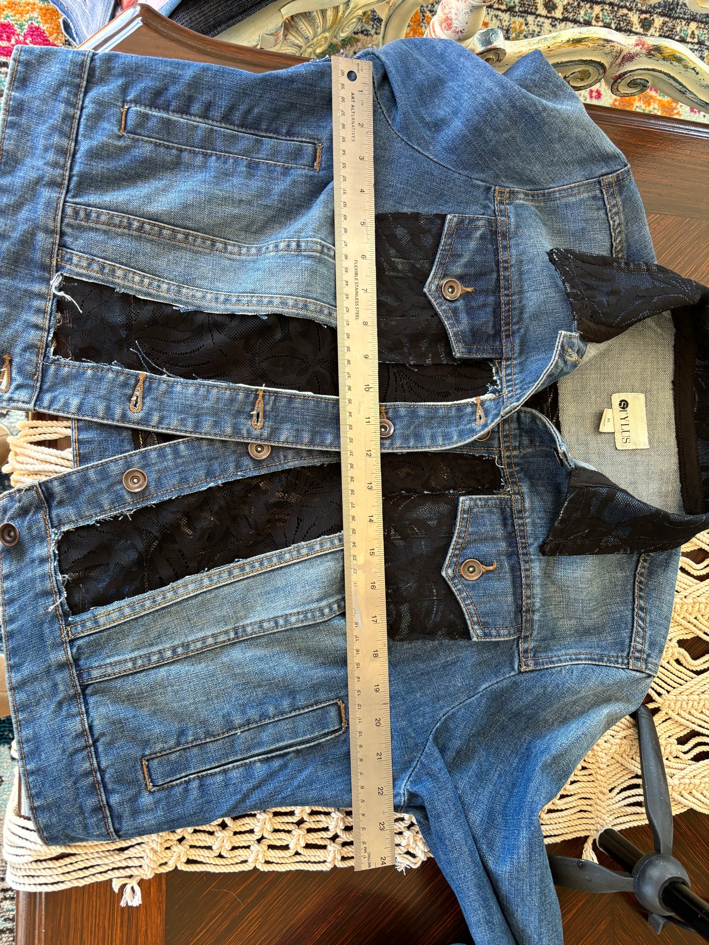 Up-cycled Denim Jacket, Window Pane, Black Lace XL, Brand Stylus