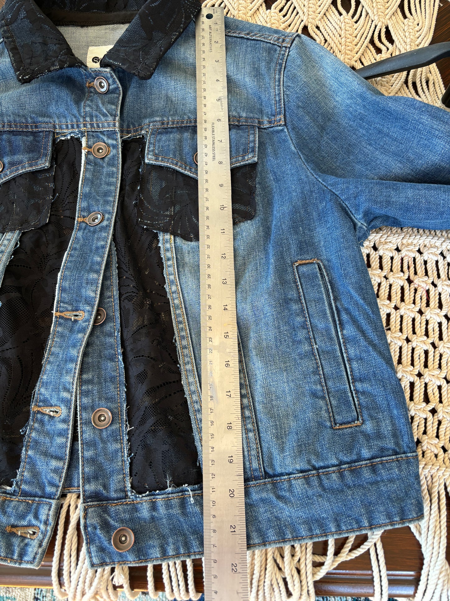 Up-cycled Denim Jacket, Window Pane, Black Lace XL, Brand Stylus