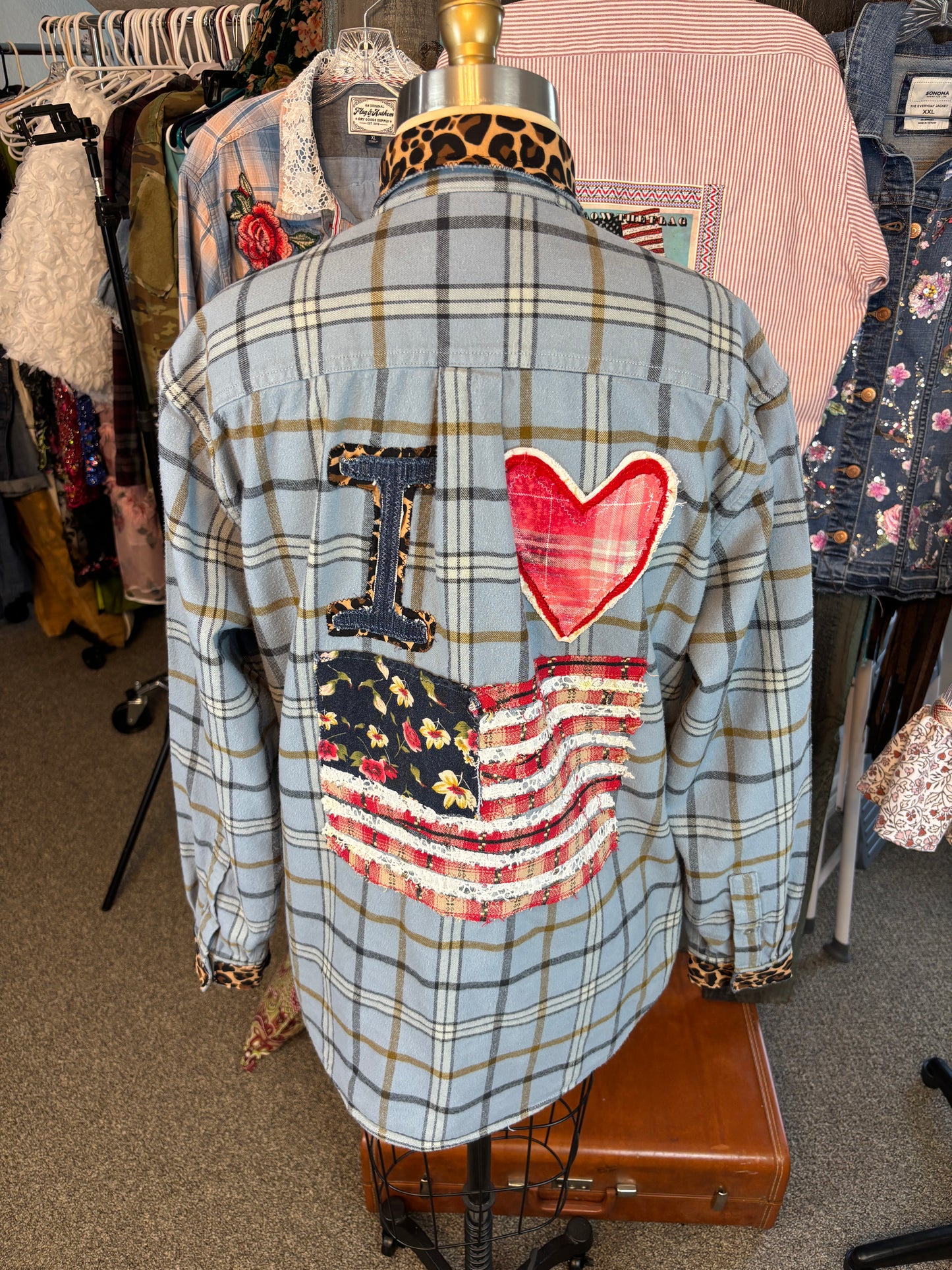 I Love USA, Up-Cycled Men's Flannel Shirts (Men's L) Womens 48 Bust