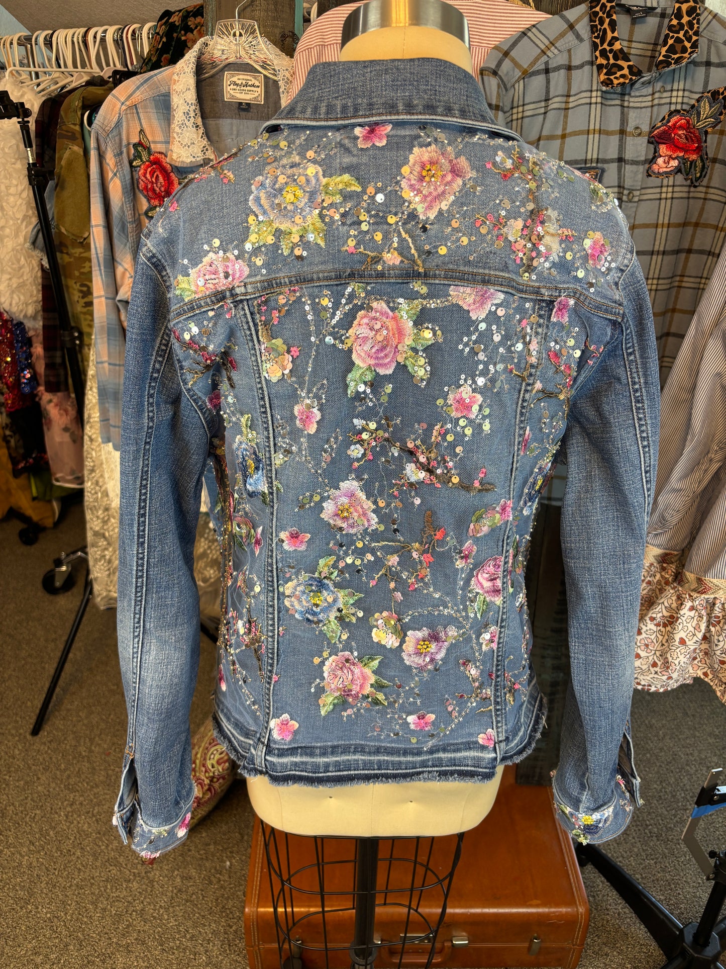 Up-Cycled Denim Jacket, "The Everyday Jacket" XXL, or 46" Chest, Embroidered Tulle