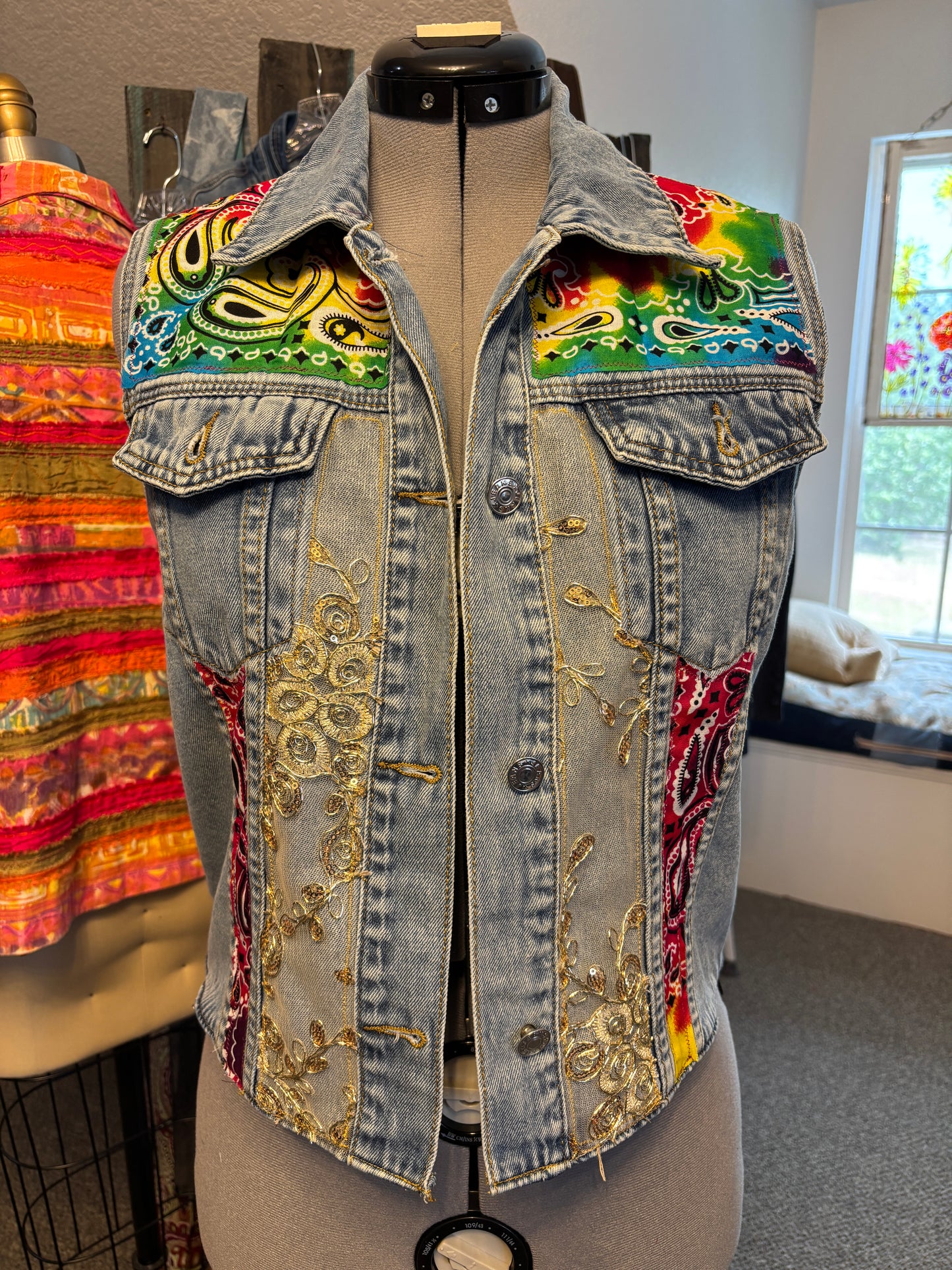 Hippie Dippy Frida Up-Cycled Denim Vest, Bust Size 40", (Large/XL)