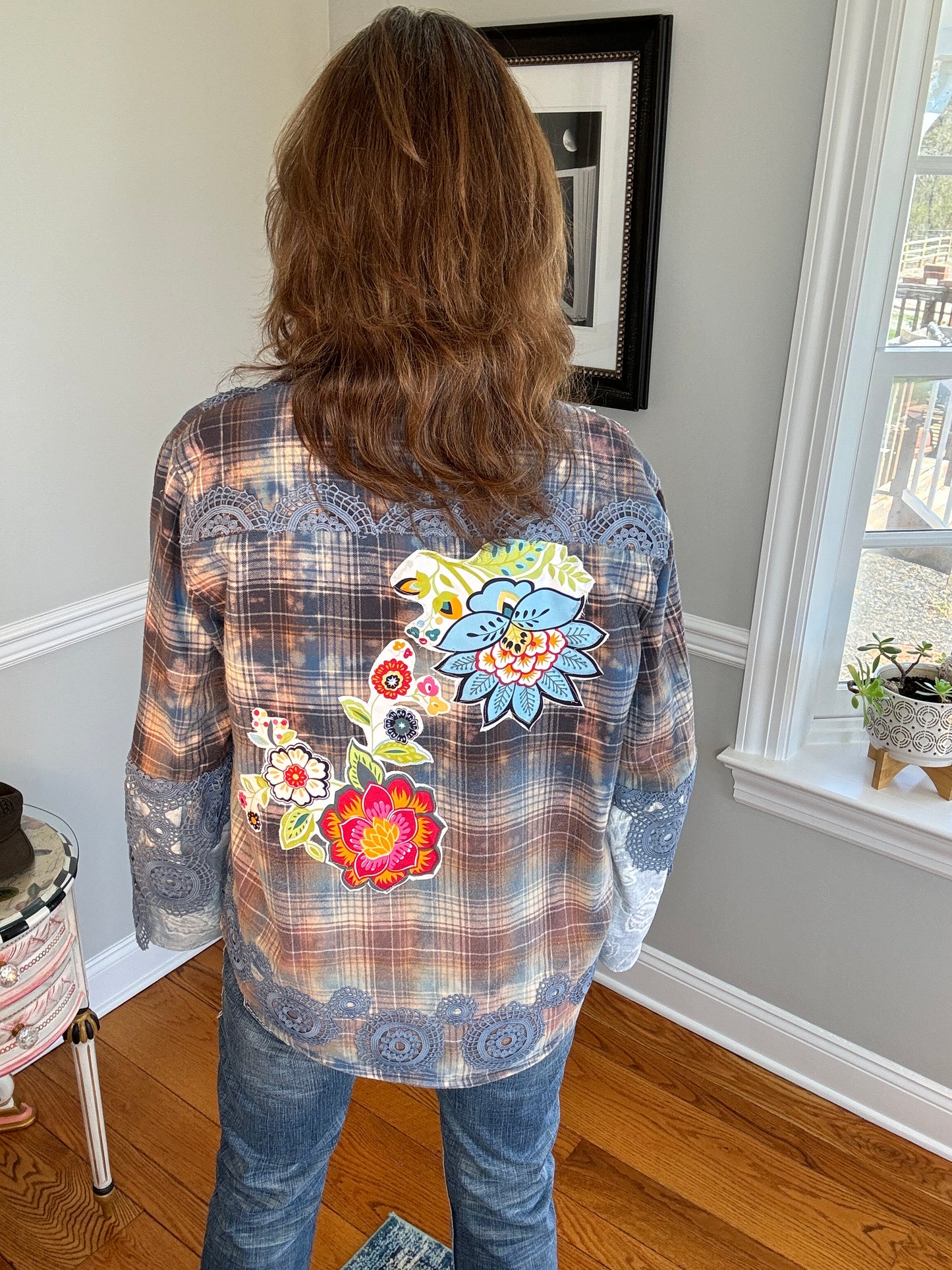 Up-cycled Flannel Shirt, Bohemian Florals, Embroidered Pocket, Size Large