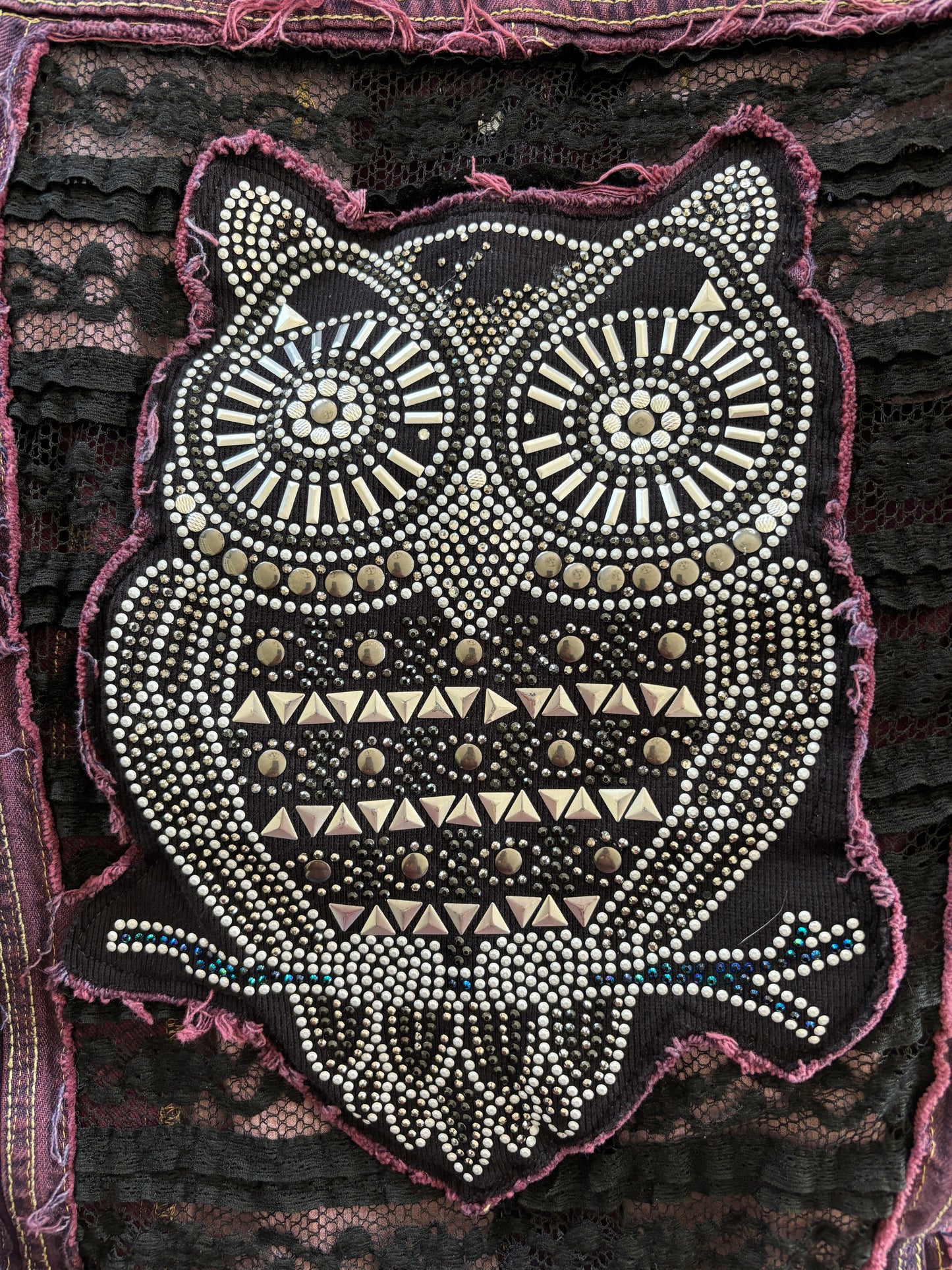 Up-cycled Owl Applique on Dyed Denim Jacket, Purple