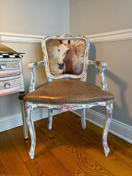 Miss Diamond, a Western Decorative Leather Chair with Horse Art Decoupage Back