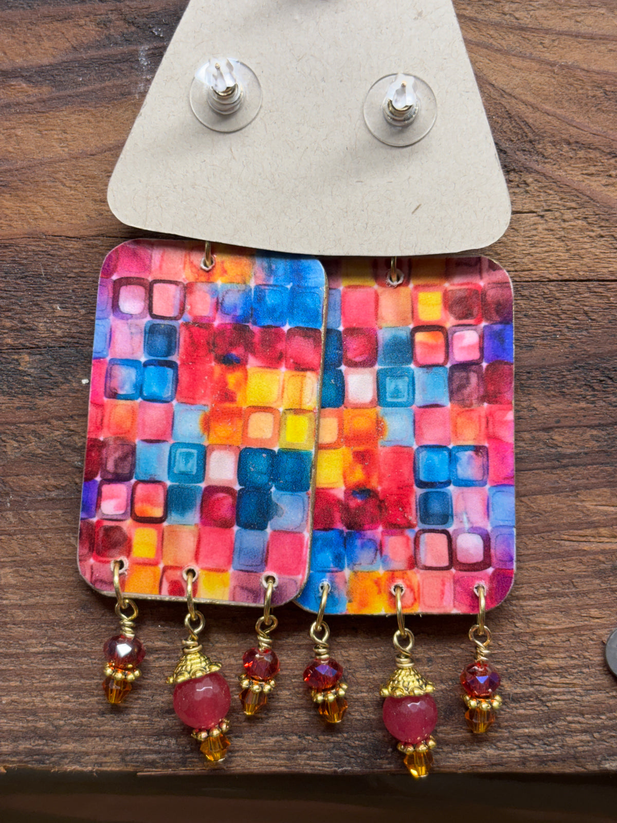 Bright and Colorful Mexican Art Earrings, 3.75" x 1.25", Lightweight Druzy Post