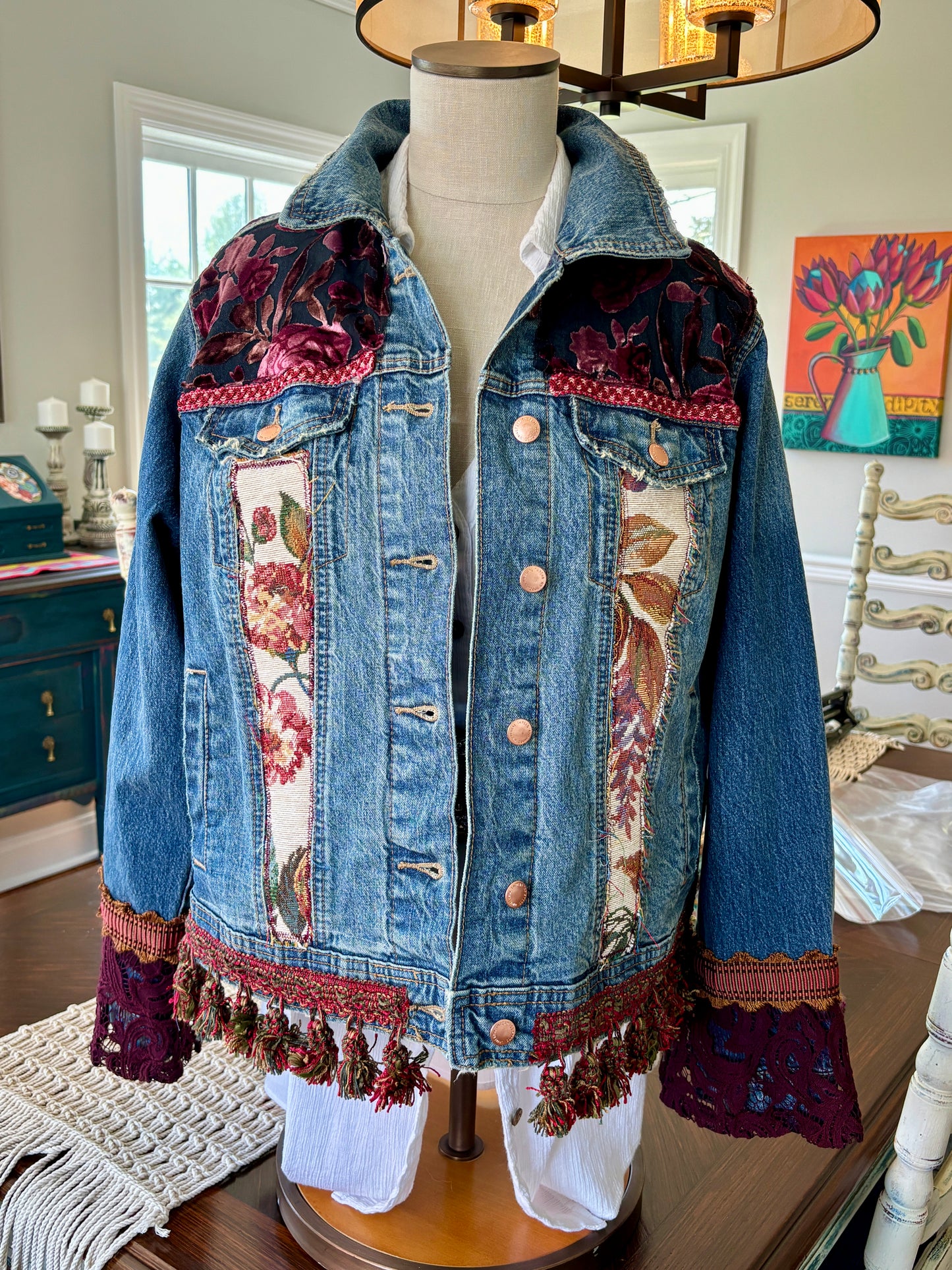 Tapestry Denim Jacket, Up-cycled, Urban, Western Flair