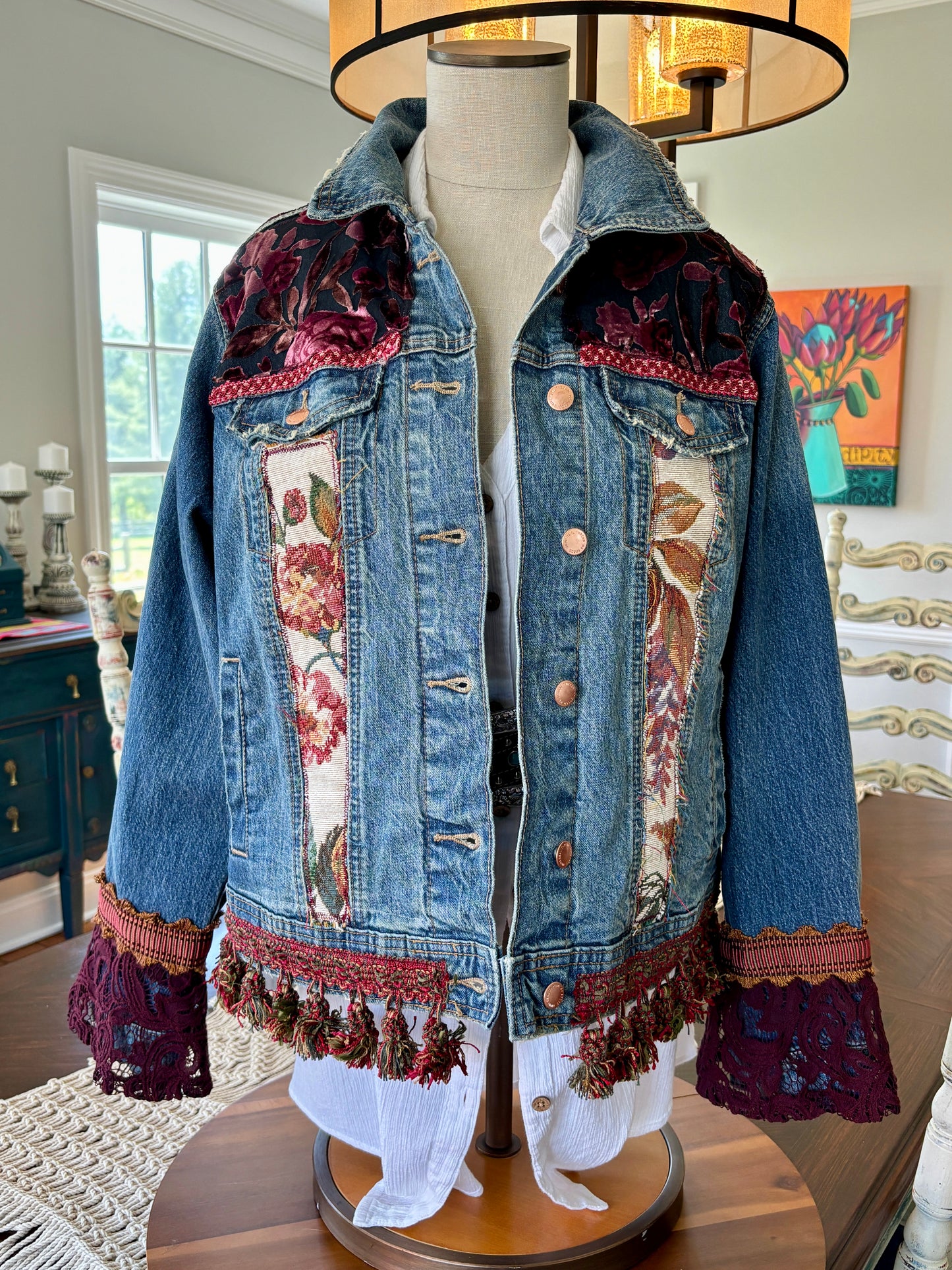Tapestry Denim Jacket, Up-cycled, Urban, Western Flair