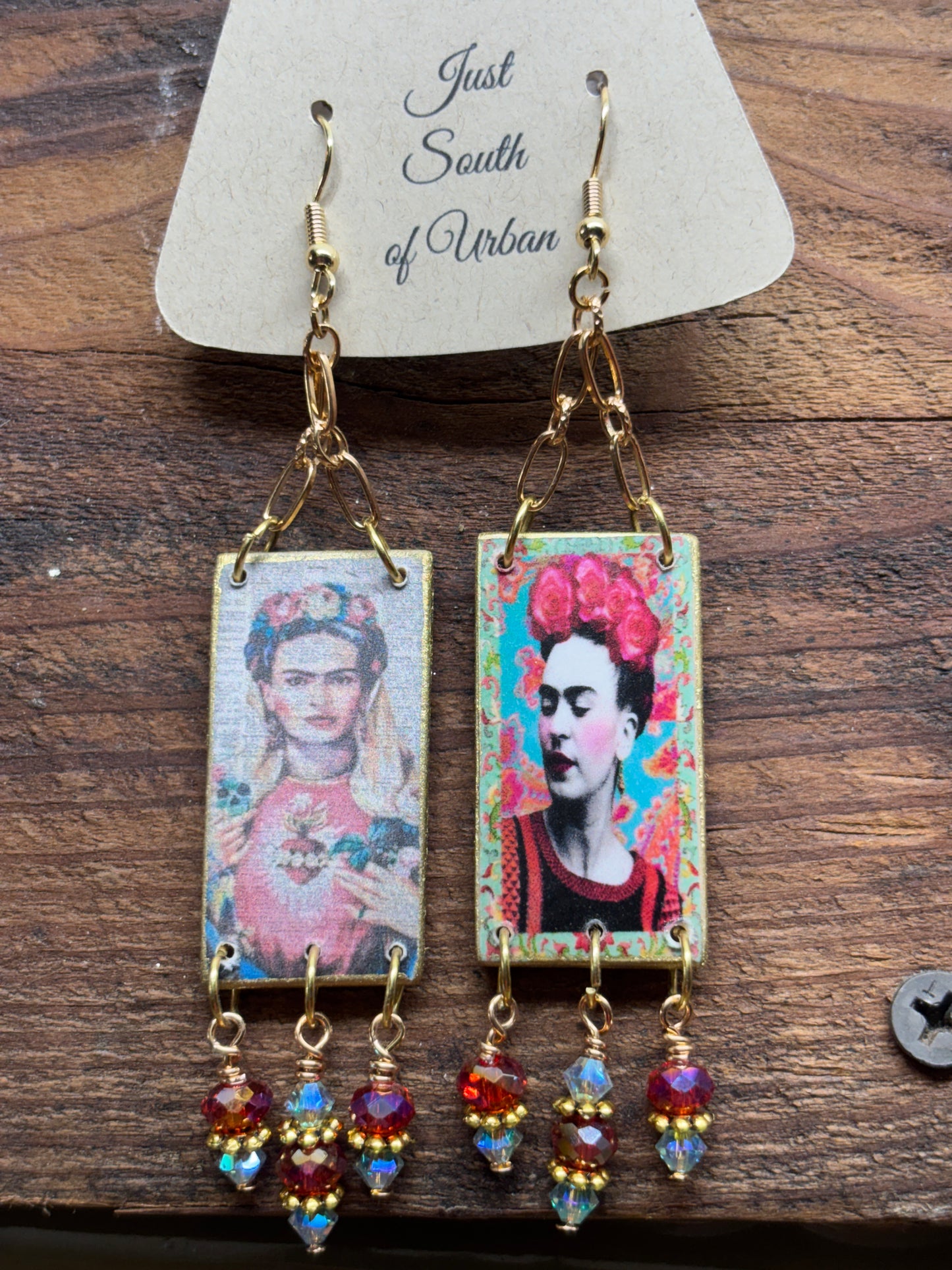 Mexican Inspired Artistic Earrings, 4" x 3/4" wide, Pink, Red, Blue, Roses, Faceted Crystal Dangles