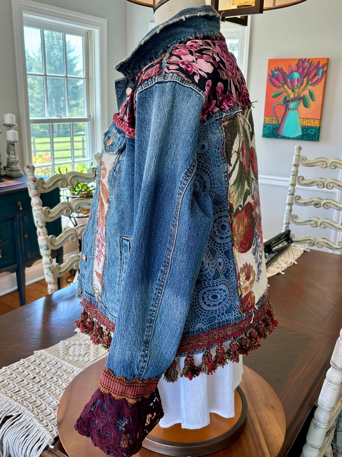 Tapestry Denim Jacket, Up-cycled, Urban, Western Flair
