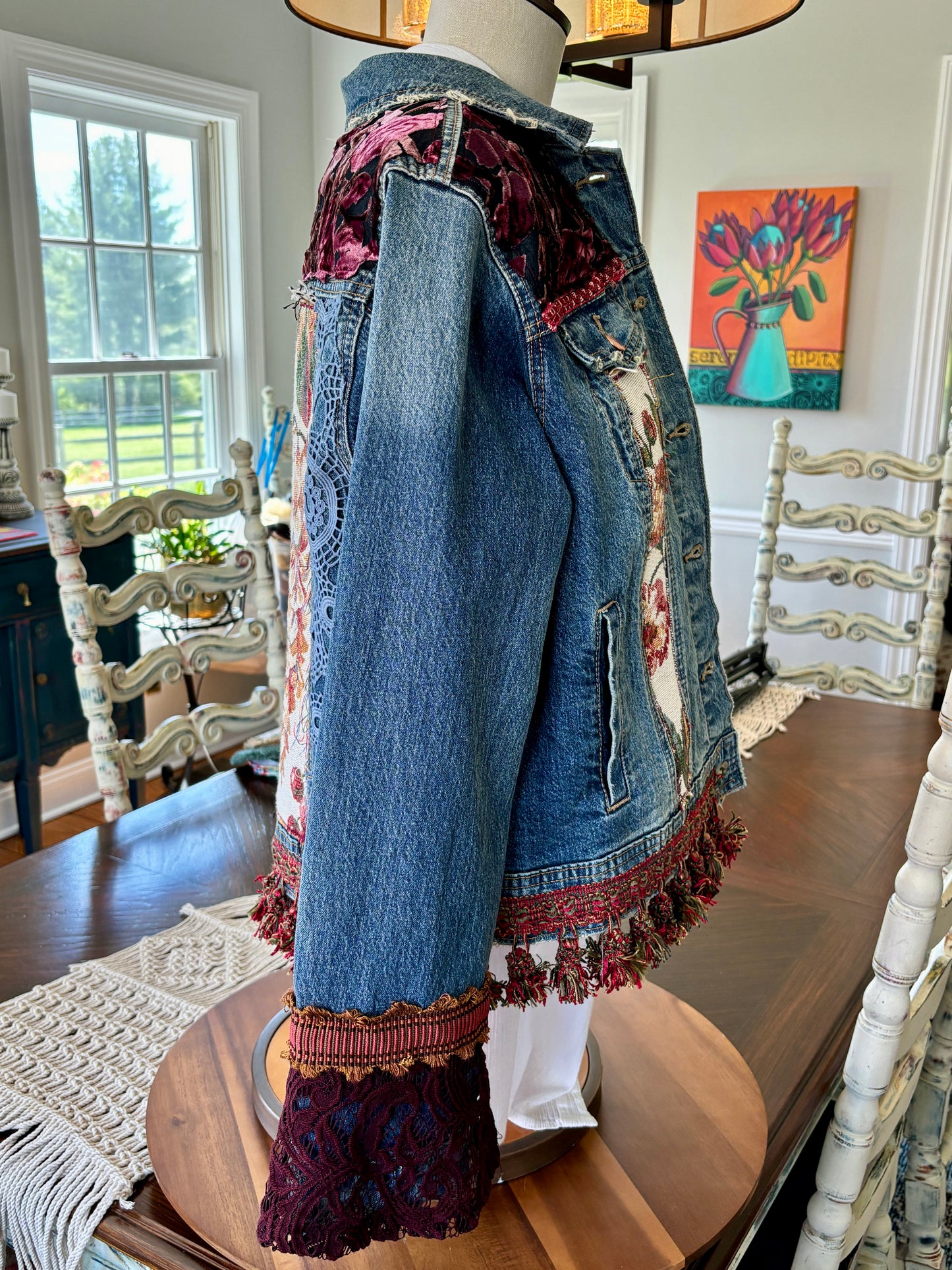 Tapestry Denim Jacket, Up-cycled, Urban, Western Flair