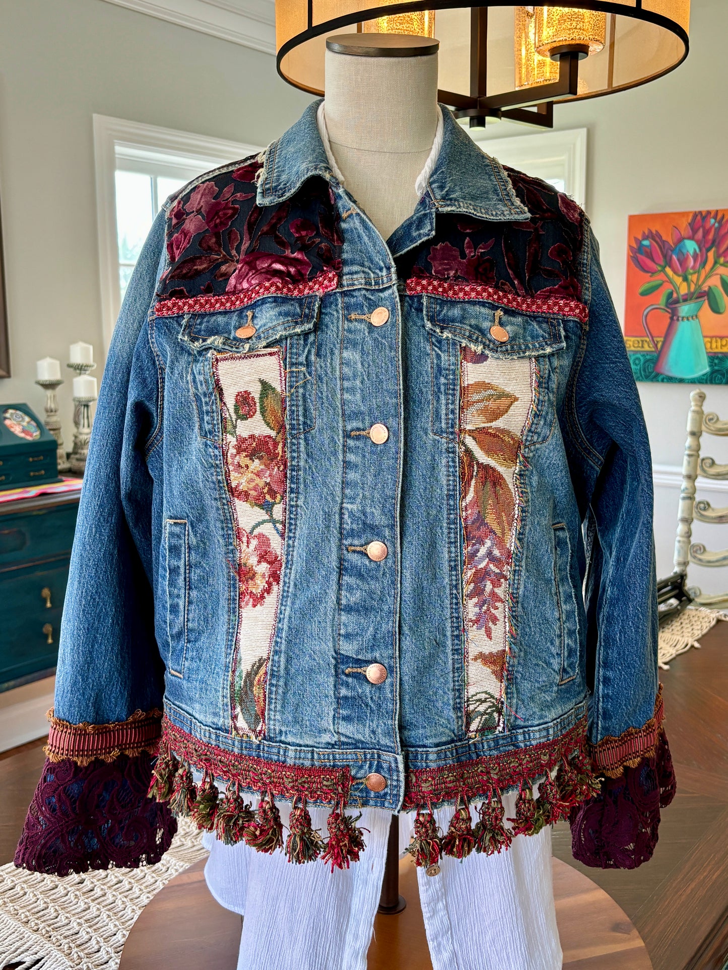 Tapestry Denim Jacket, Up-cycled, Urban, Western Flair