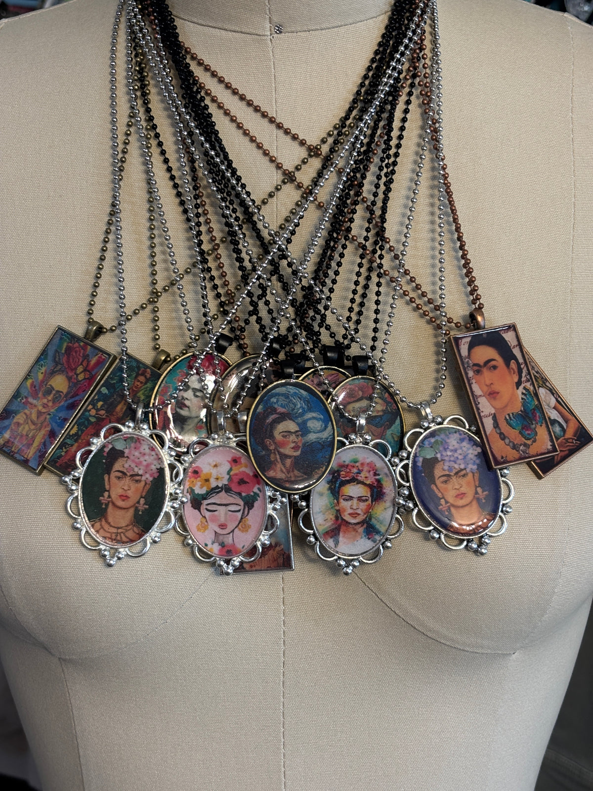 Mexican Art Pendant Necklace, 22" Long, Vibrant Pink and Turquoise, Black Ball Chain