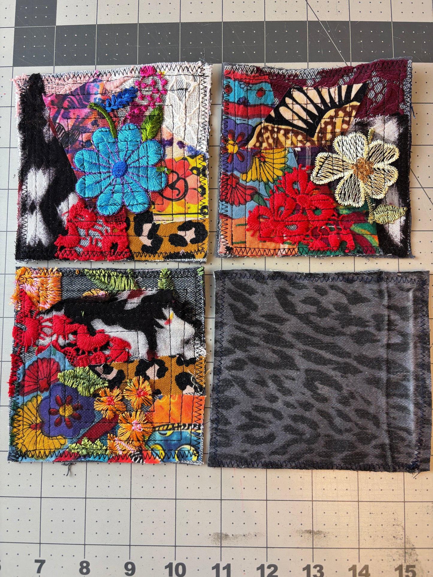 Scrappy Coasters, Denim Cheetah Print Bottoms, 4" x 4"