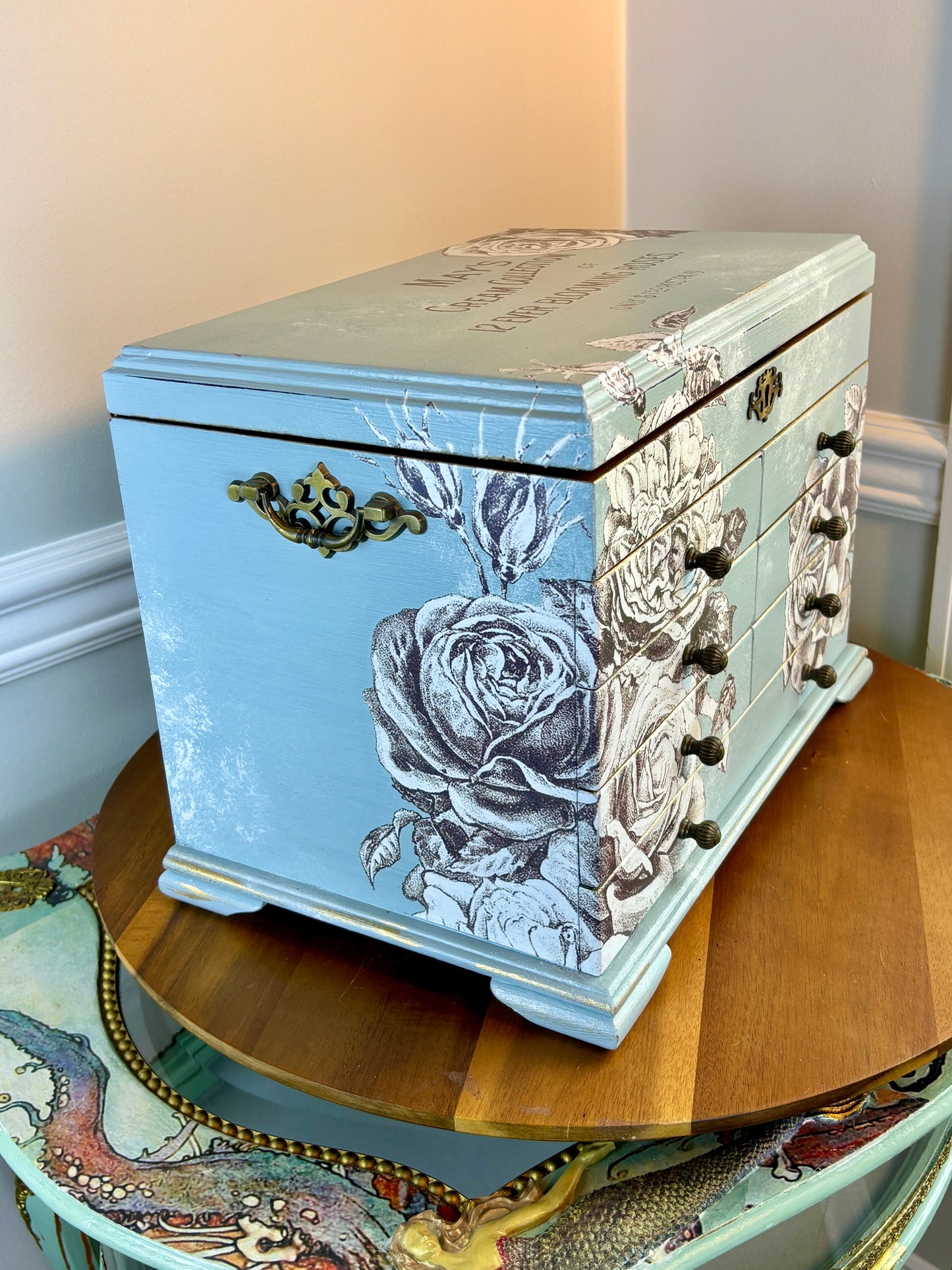 Romantic Roses Jewelry Box, Thomas Museum Quality, Blue, Hand Painted, Lots of Storage