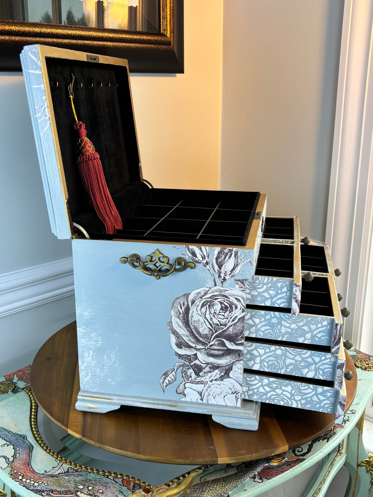 Romantic Roses Jewelry Box, Thomas Museum Quality, Blue, Hand Painted, Lots of Storage
