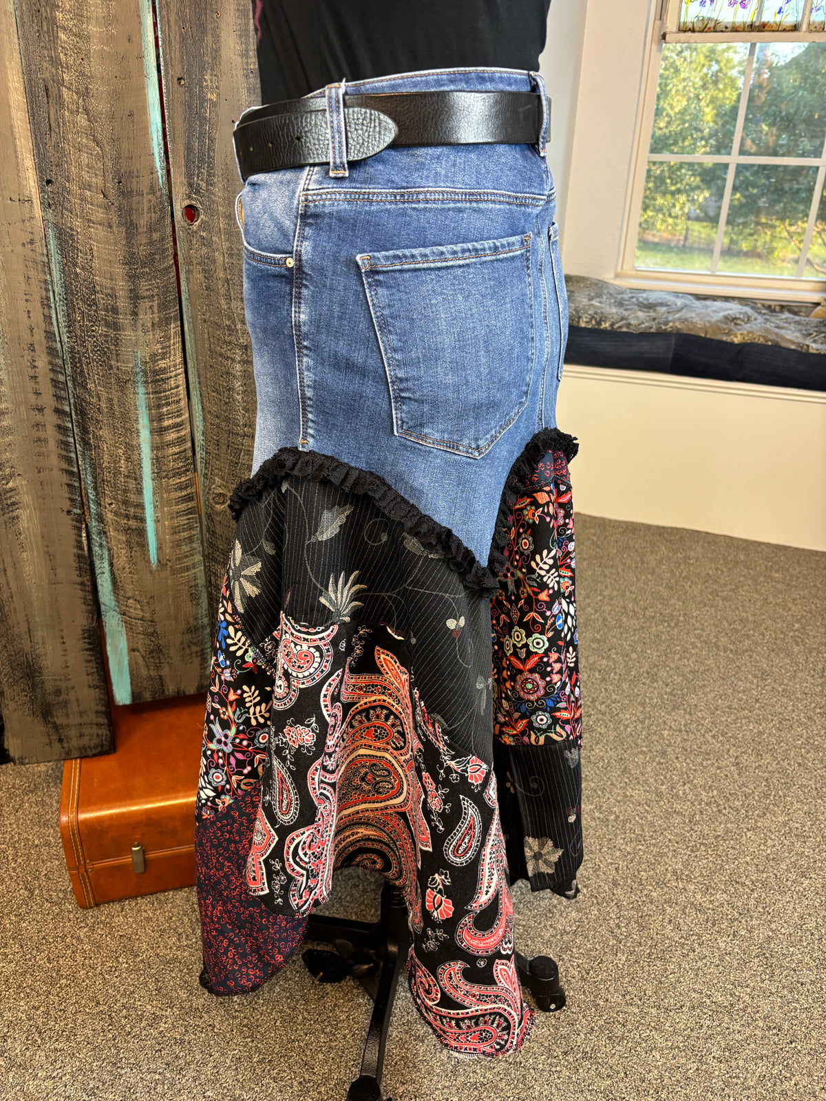 Boho Gypsy Style Skirt, Up-Cycled Denim Jeans, 32 W, 38" Hips (Size Medium)