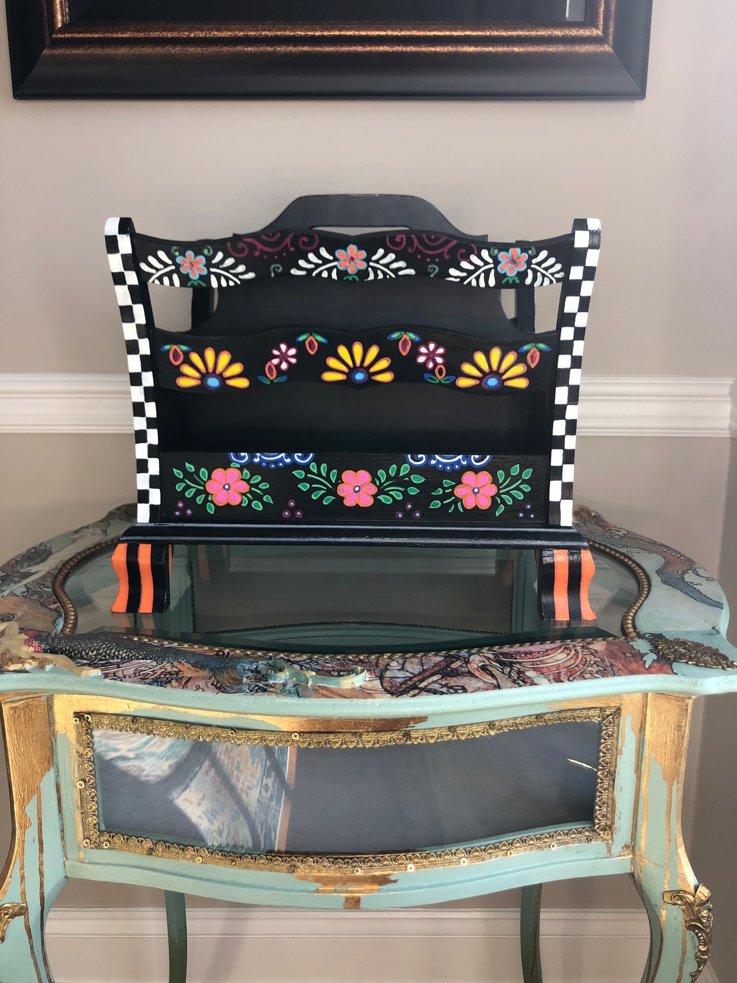 Magazine Rack, Bohemian, Colorful, Mexican Art, Black and White Check, Hand Painted