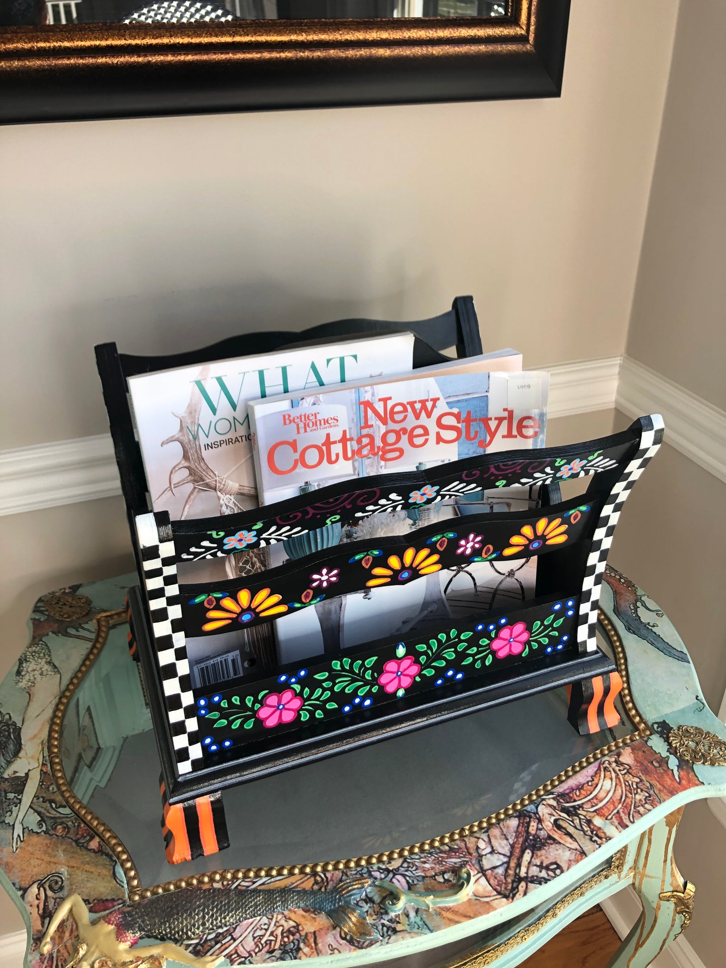 Magazine Rack, Bohemian, Colorful, Mexican Art, Black and White Check, Hand Painted