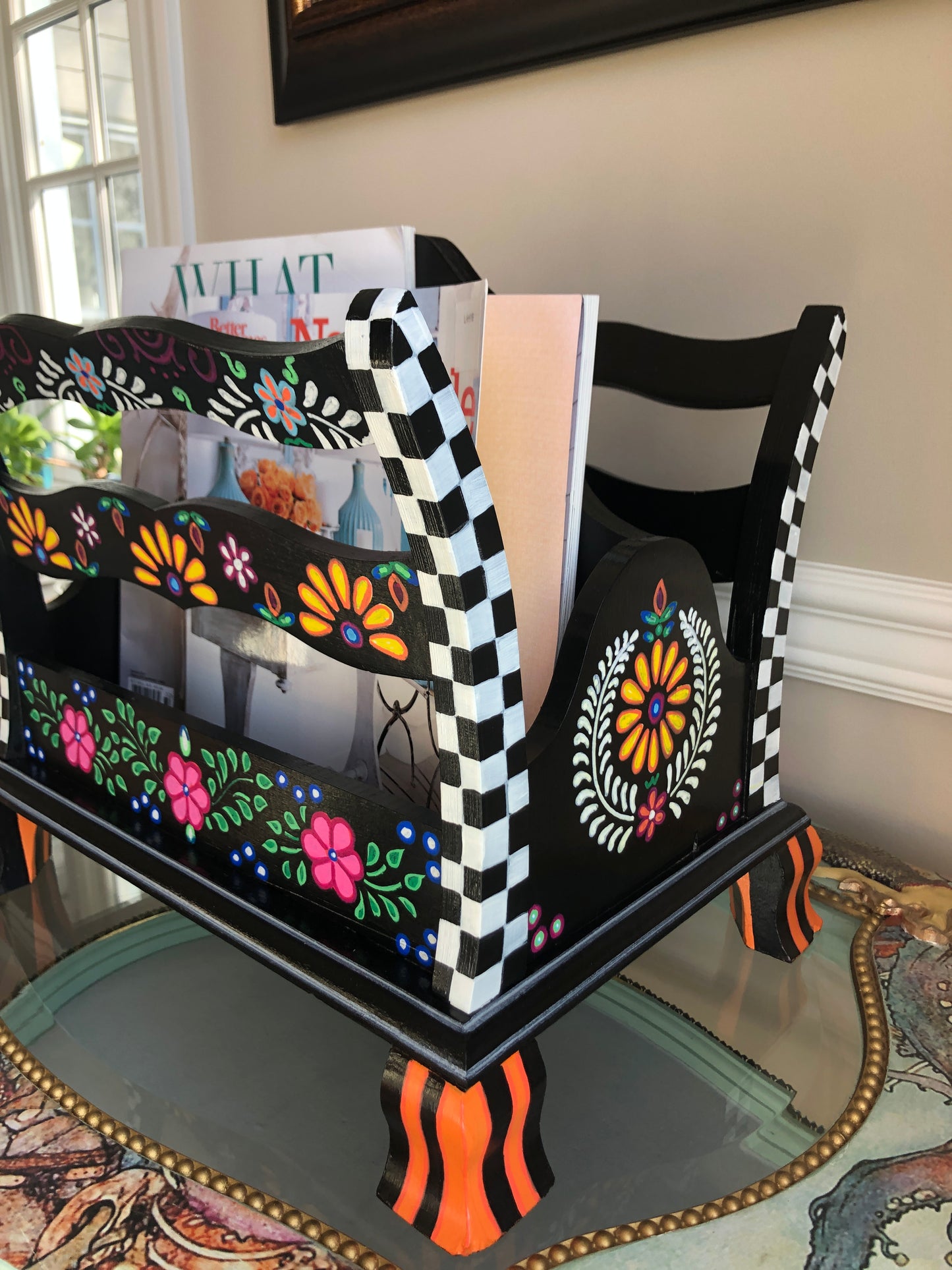 Magazine Rack, Bohemian, Colorful, Mexican Art, Black and White Check, Hand Painted