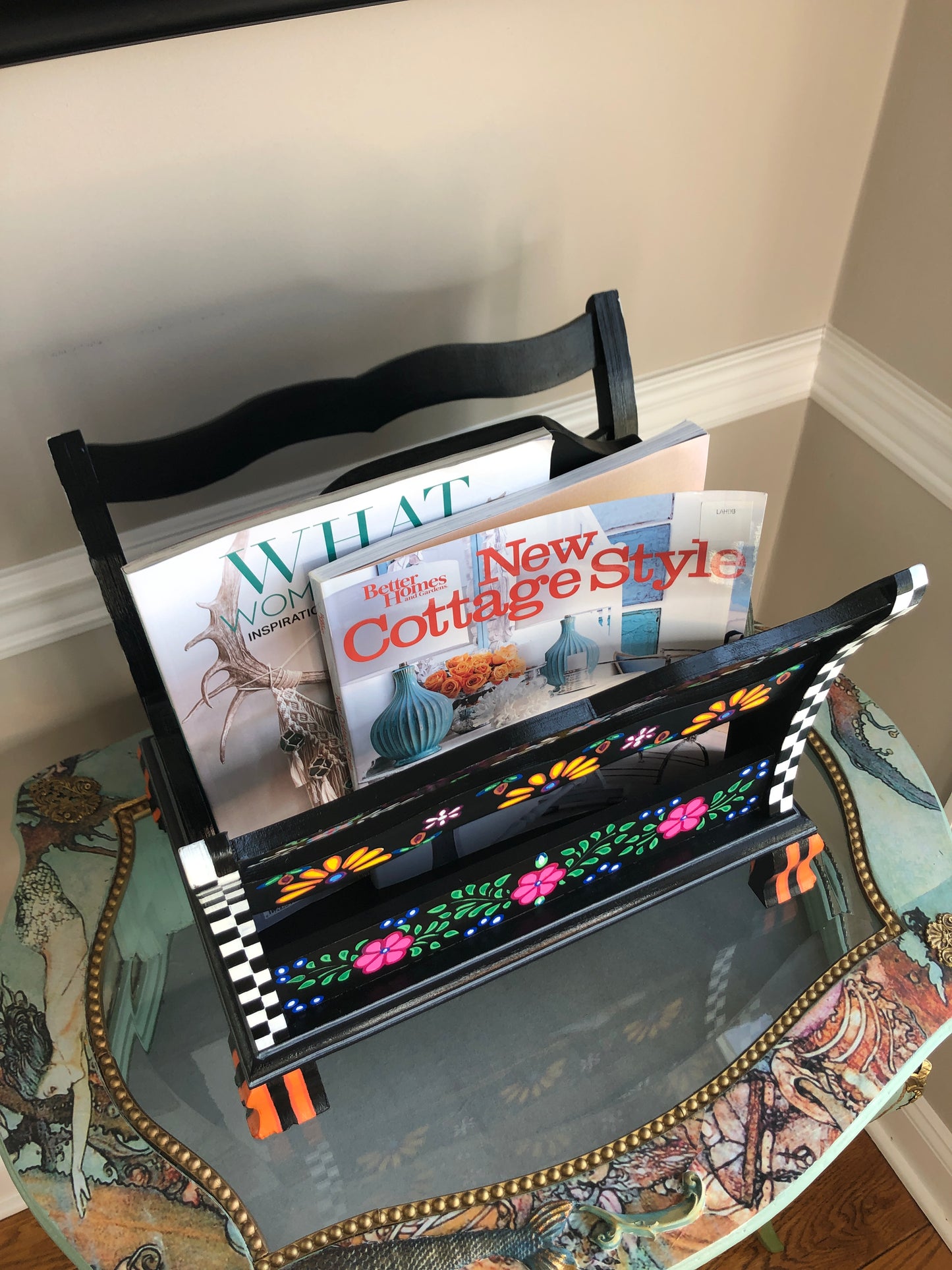 Magazine Rack, Bohemian, Colorful, Mexican Art, Black and White Check, Hand Painted