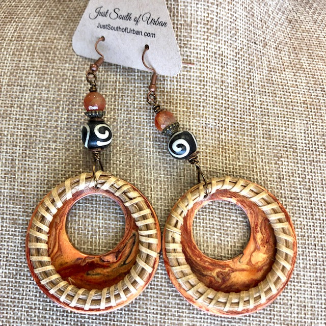 Artistic Paint Pour Earrings, 100% Handmade, Wicker, Tribal and Gemstone Beads